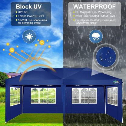 COBIZI - Toldo desplegable de 10 x 20 Pulgadas con 6 Paredes Laterales, toldo Impermeable para Eventos al Aire última intervensión, UPF 50+ cenador portátil para Fiestas, Playa, Camping, Boda,
