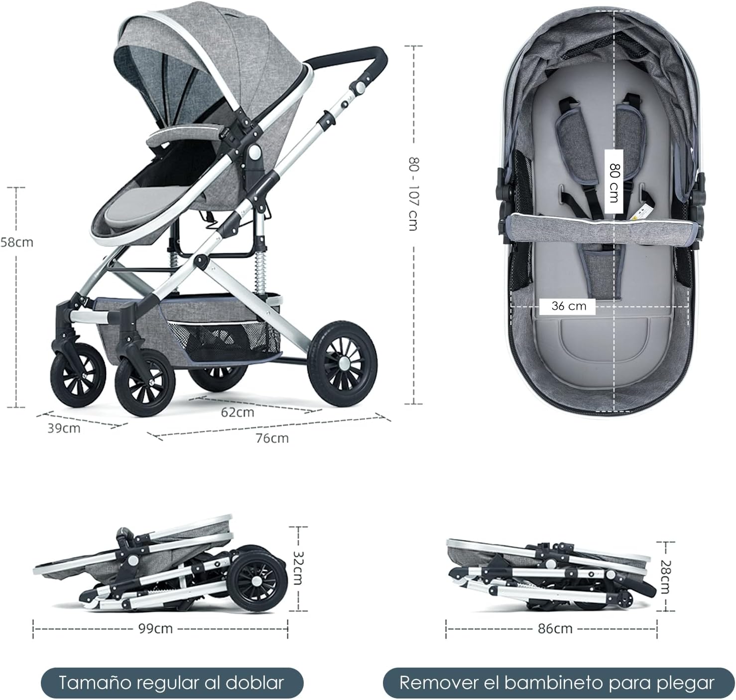NOVANGUA Carriola para Bebé con Diseño de Amplia Vista, Llantas de Caucho a Prueba de Explosiones, Sistema de Amortiguadores Atenuantes, Asiento con Dirección Ajustable, Reclinable Multi Posición, Toldo Protector Solar, Ventana de Ventilación, Estructura