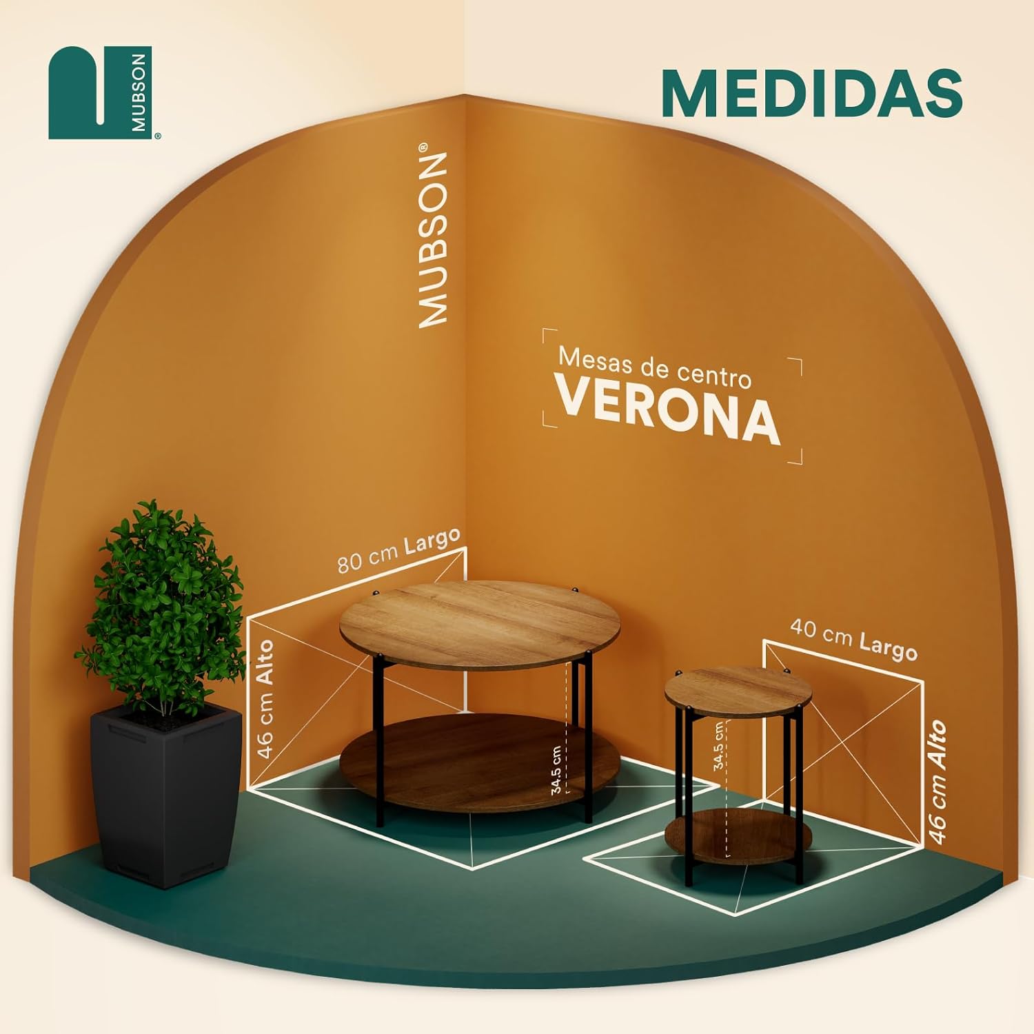 MUBSON Set de 2 Mesas de Centro Minimalista | 80x80 y 40x40 cm | Mesa de Centro para Sala con Soportes de Acero. Mesa de Noche Verona. Mesa Auxiliar. Mesas Laterales de Madera. Nesting Table