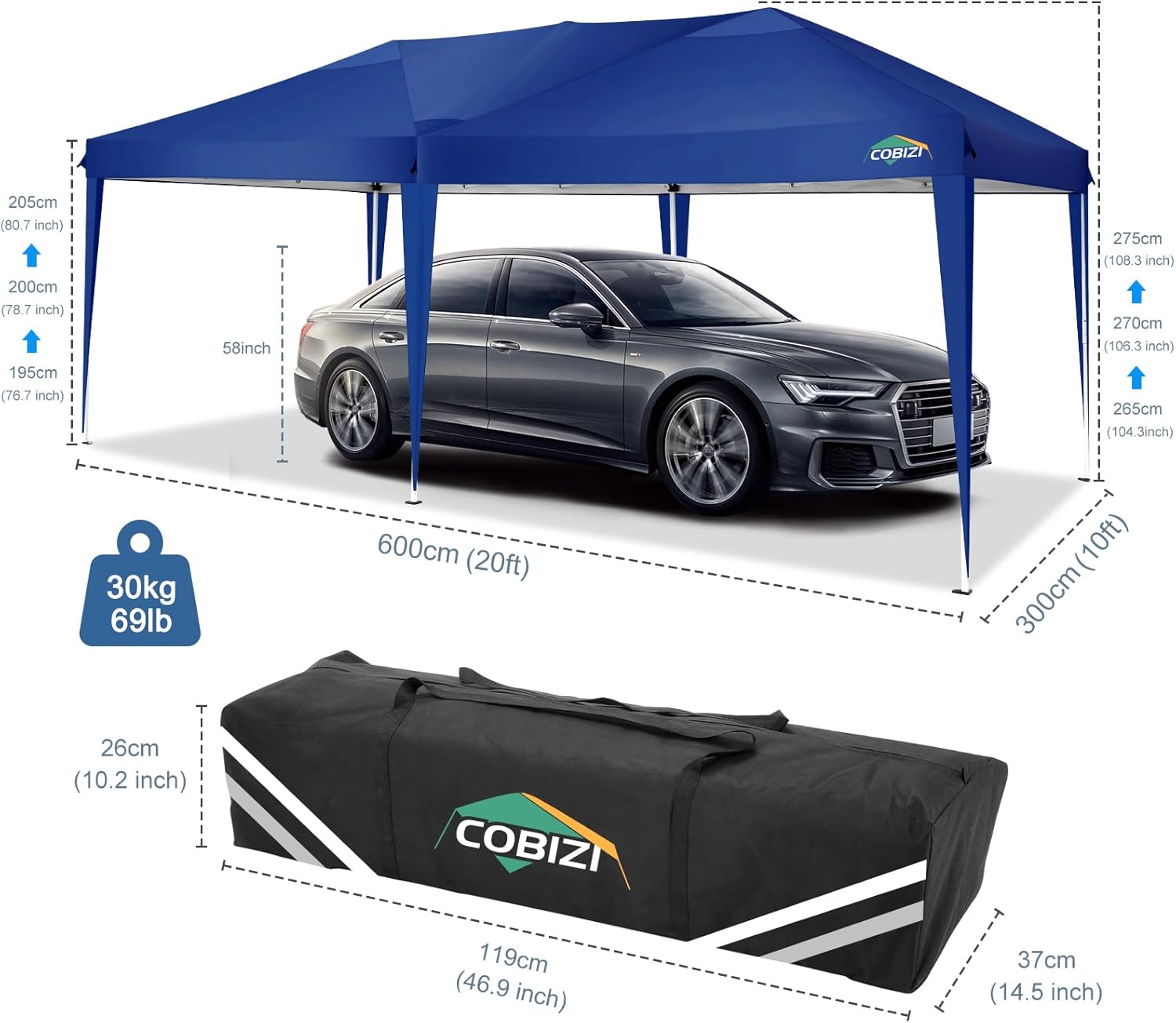 COBIZI - Toldo desplegable de 10 x 20 Pulgadas con 6 Paredes Laterales, toldo Impermeable para Eventos al Aire última intervensión, UPF 50+ cenador portátil para Fiestas, Playa, Camping, Boda,