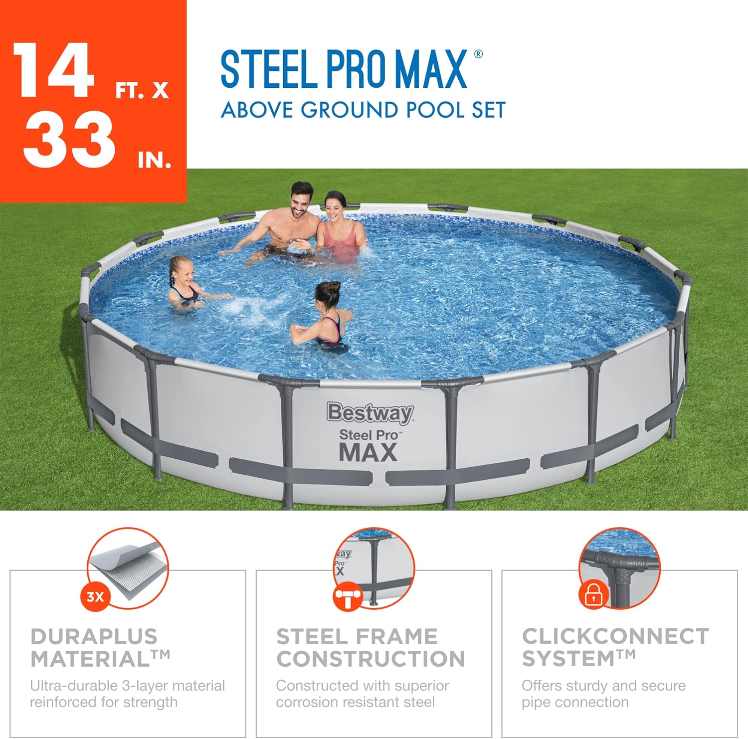Bestway Steel Pro MAX - Juego de piscina redonda sobre el piso de 14 x 33 pulgadas, incluye bomba de filtro de 530 galones