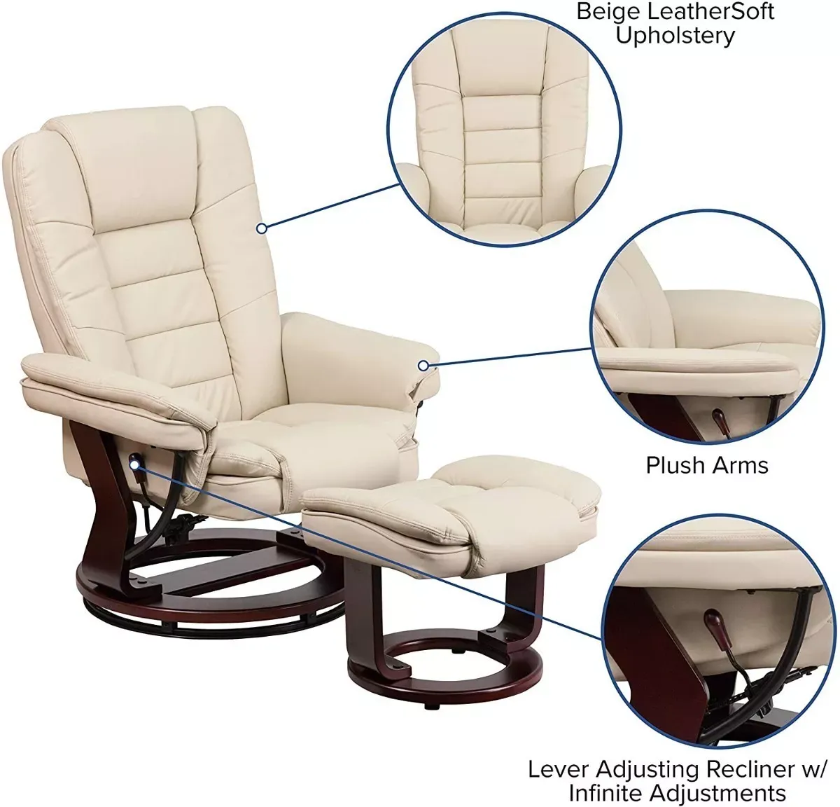 Sillón Reclinable Y Otomano De Cuero Beige Flash