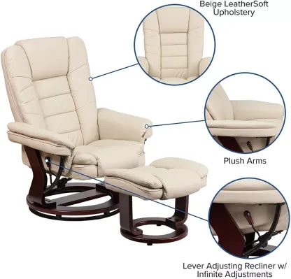 Sillón Reclinable Y Otomano De Cuero Beige Flash