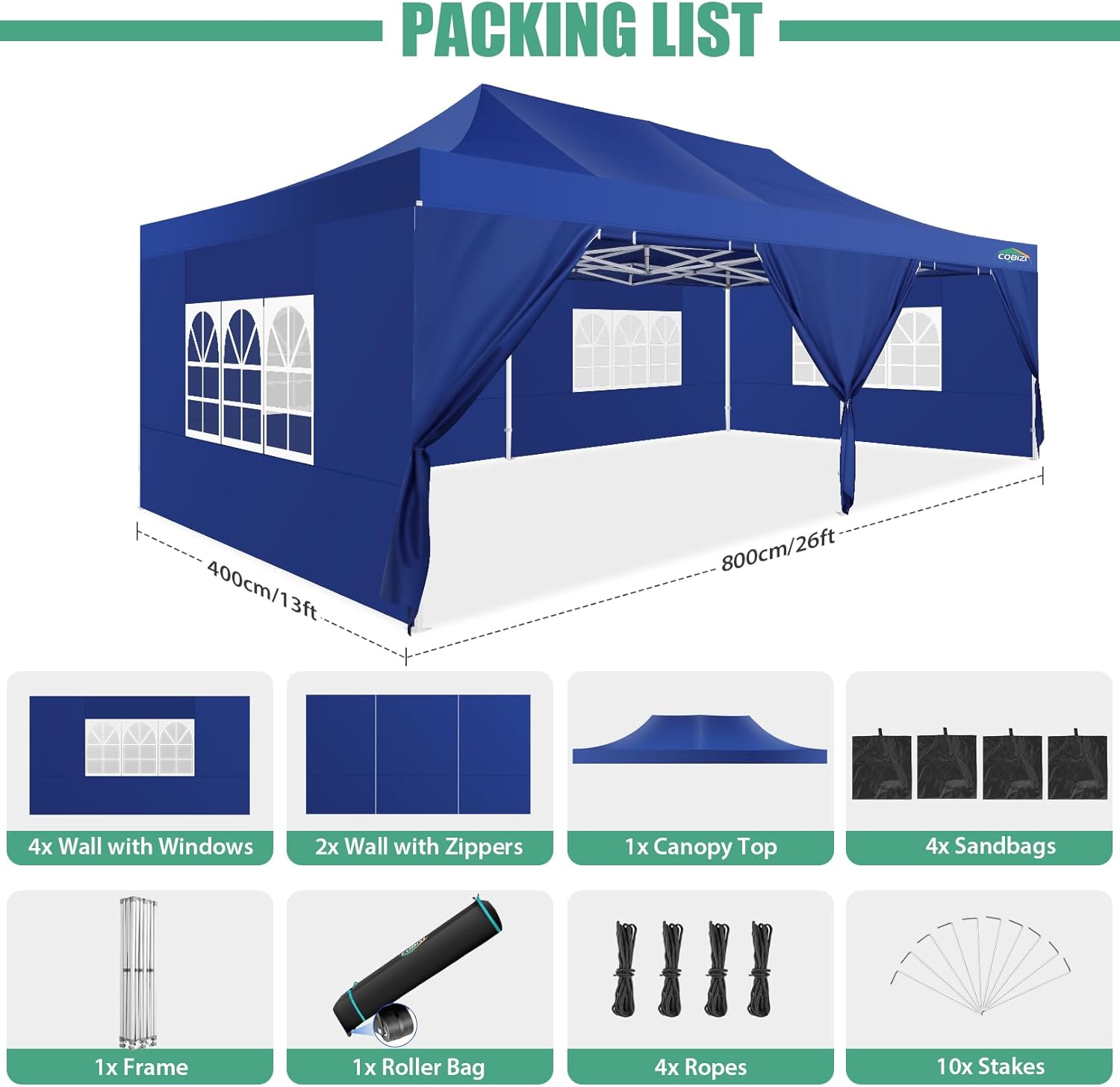 COBIZI - Toldo desplegable de 10 x 20 Pulgadas con 6 Paredes Laterales, toldo Impermeable para Eventos al Aire última intervensión, UPF 50+ cenador portátil para Fiestas, Playa, Camping, Boda,