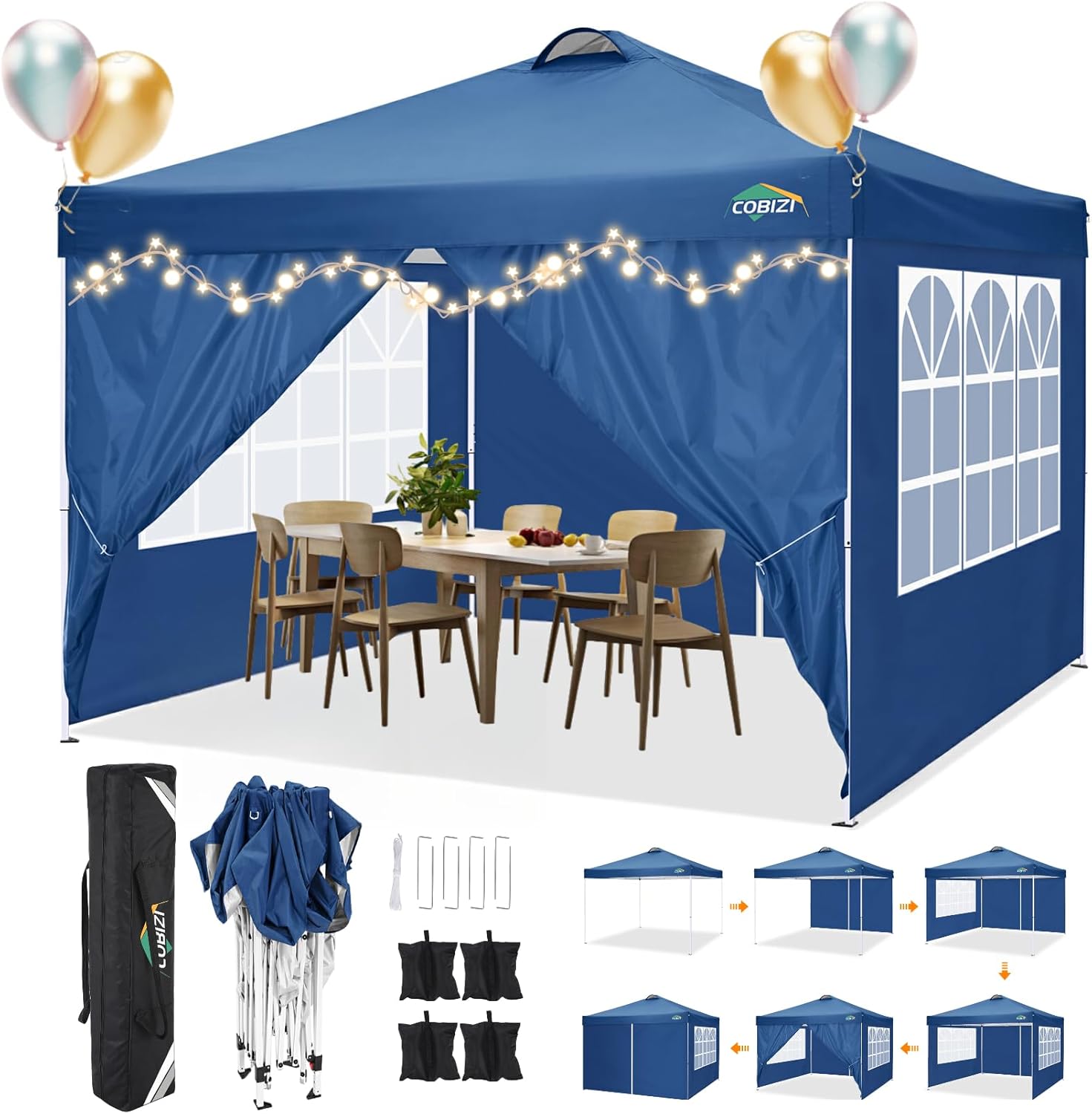 COBIZI - Toldo desplegable de 10 x 20 Pulgadas con 6 Paredes Laterales, toldo Impermeable para Eventos al Aire última intervensión, UPF 50+ cenador portátil para Fiestas, Playa, Camping, Boda,