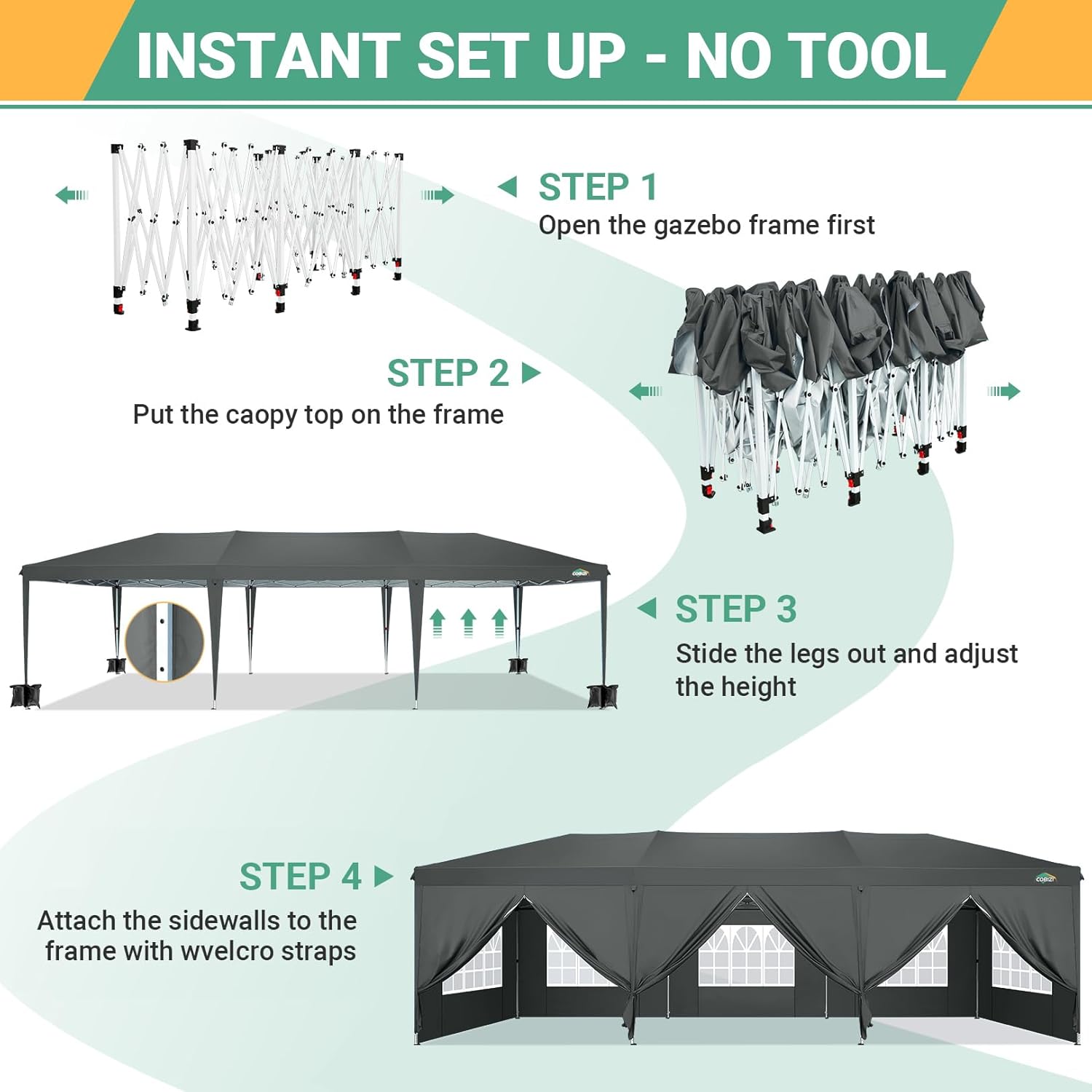 COBIZI - Toldo desplegable de 10 x 20 Pulgadas con 6 Paredes Laterales, toldo Impermeable para Eventos al Aire última intervensión, UPF 50+ cenador portátil para Fiestas, Playa, Camping, Boda,
