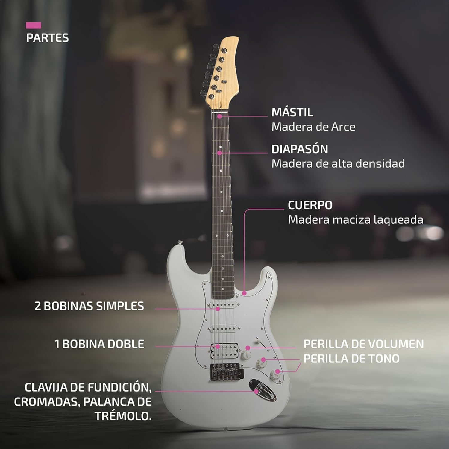 FEMMTO Guitarra Eléctrica con Amplificador 5w + Bolso + Puas (Blanco)