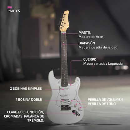 FEMMTO Guitarra Eléctrica con Amplificador 5w + Bolso + Puas (Blanco)