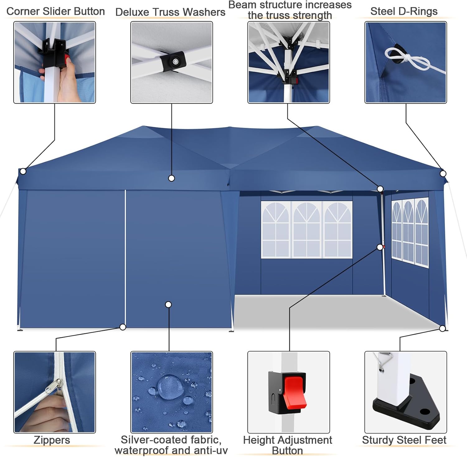 COBIZI - Toldo desplegable de 10 x 20 Pulgadas con 6 Paredes Laterales, toldo Impermeable para Eventos al Aire última intervensión, UPF 50+ cenador portátil para Fiestas, Playa, Camping, Boda,