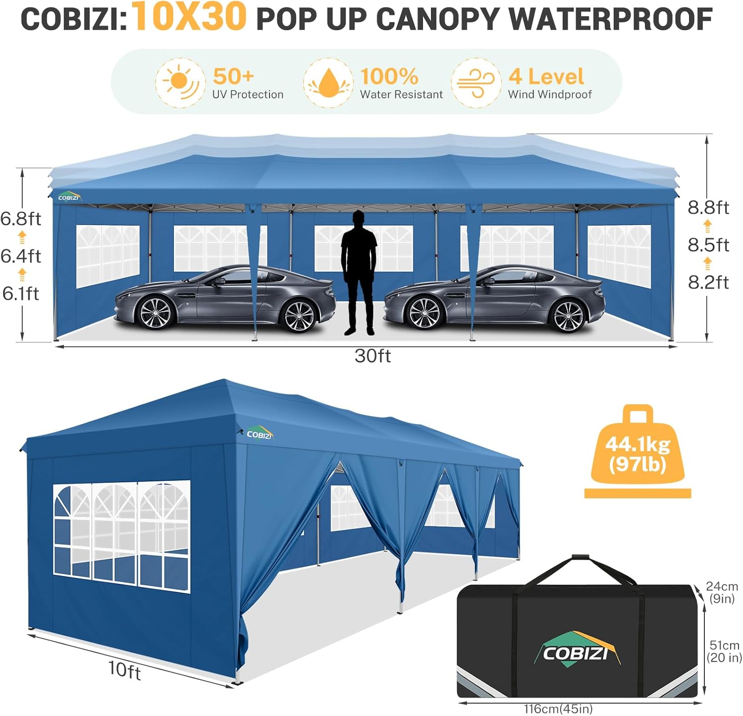 COBIZI - Toldo desplegable de 10 x 20 Pulgadas con 6 Paredes Laterales, toldo Impermeable para Eventos al Aire última intervensión, UPF 50+ cenador portátil para Fiestas, Playa, Camping, Boda,