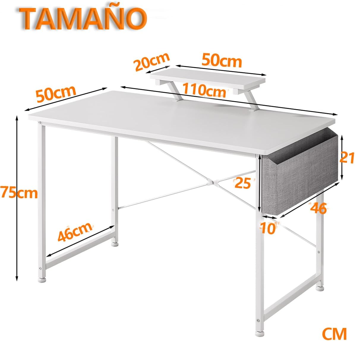 Escritorio Pequeño para Computadora Moderno, Tocador Furniture con Bolsa de Almacenamiento, Viene con Soporte de Escritorio 110 X 50 X 75 CM (Blanco)