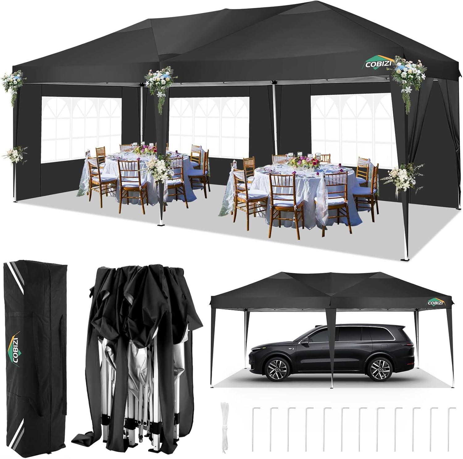 COBIZI - Toldo desplegable de 10 x 20 Pulgadas con 6 Paredes Laterales, toldo Impermeable para Eventos al Aire última intervensión, UPF 50+ cenador portátil para Fiestas, Playa, Camping, Boda,