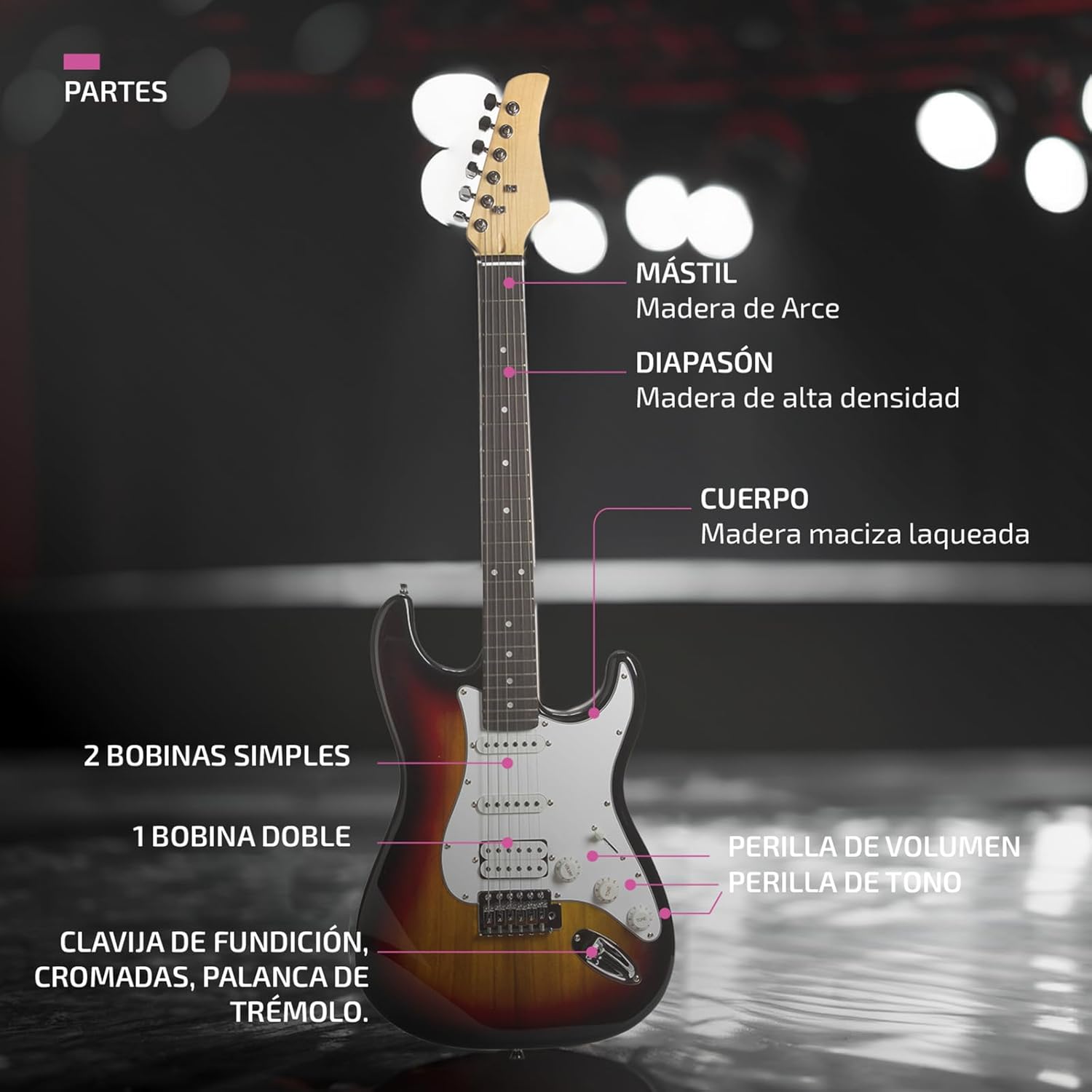 FEMMTO Guitarra Eléctrica con Amplificador 5w + Bolso + Puas (Blanco)