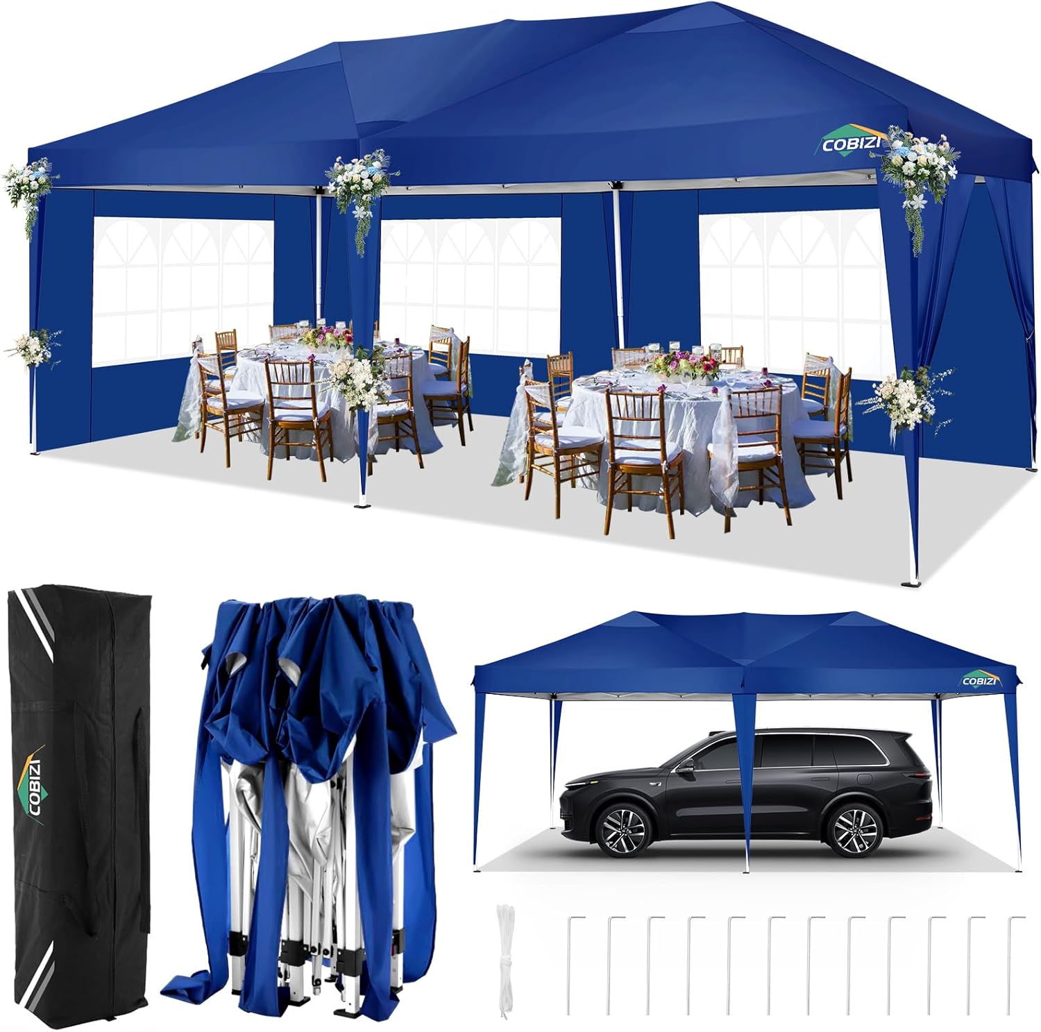 COBIZI - Toldo desplegable de 10 x 20 Pulgadas con 6 Paredes Laterales, toldo Impermeable para Eventos al Aire última intervensión, UPF 50+ cenador portátil para Fiestas, Playa, Camping, Boda,
