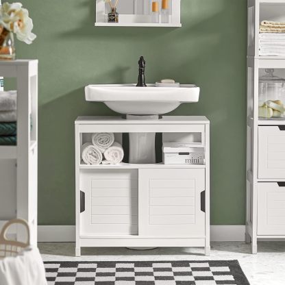 SoBuy Armario para Lavabo Mueble de Baño Debajo del Lavabo con 2 Puertas Armario de Suelo Lavabo para Baño con Mueble(Blanco FRG128-II-W)