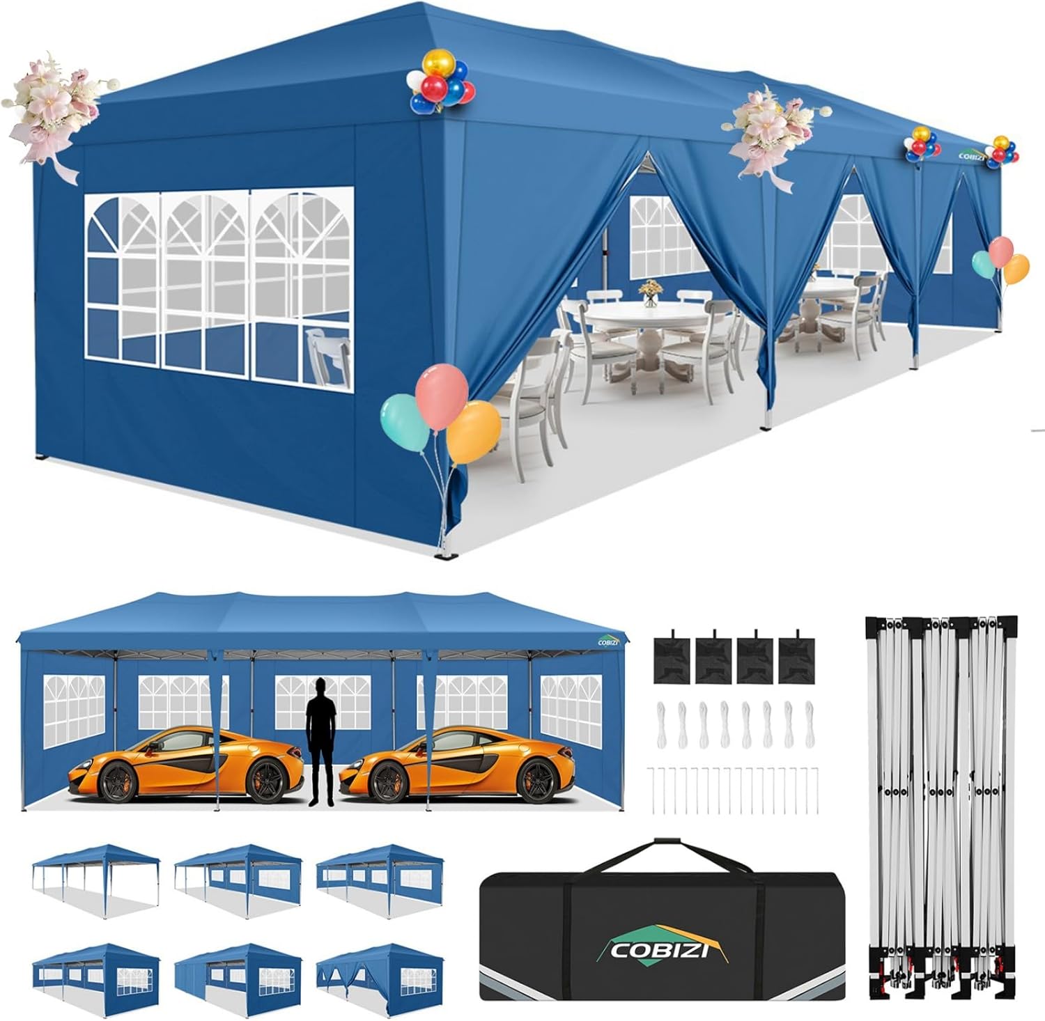 COBIZI - Toldo desplegable de 10 x 20 Pulgadas con 6 Paredes Laterales, toldo Impermeable para Eventos al Aire última intervensión, UPF 50+ cenador portátil para Fiestas, Playa, Camping, Boda,