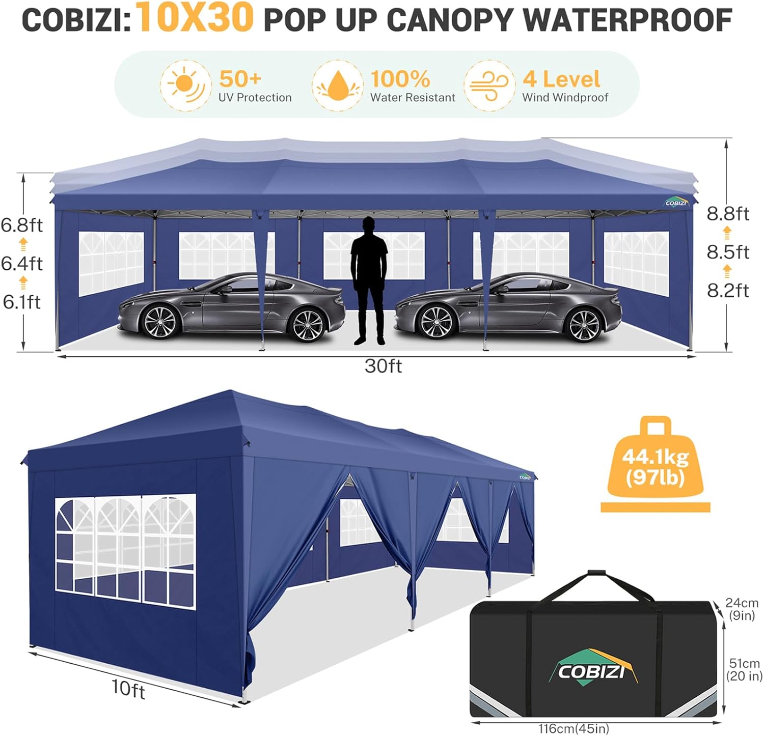 COBIZI - Toldo desplegable de 10 x 20 Pulgadas con 6 Paredes Laterales, toldo Impermeable para Eventos al Aire última intervensión, UPF 50+ cenador portátil para Fiestas, Playa, Camping, Boda,