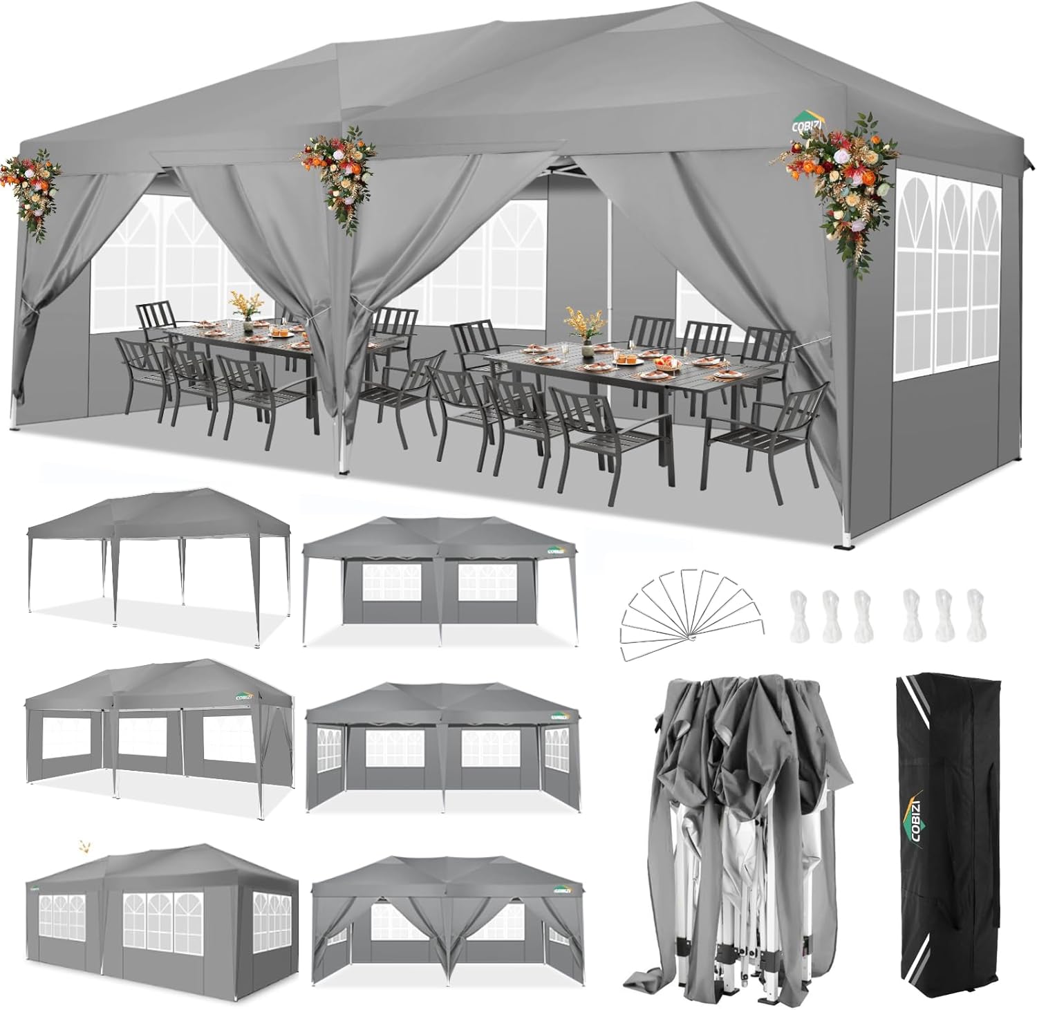 COBIZI - Toldo desplegable de 10 x 20 Pulgadas con 6 Paredes Laterales, toldo Impermeable para Eventos al Aire última intervensión, UPF 50+ cenador portátil para Fiestas, Playa, Camping, Boda,