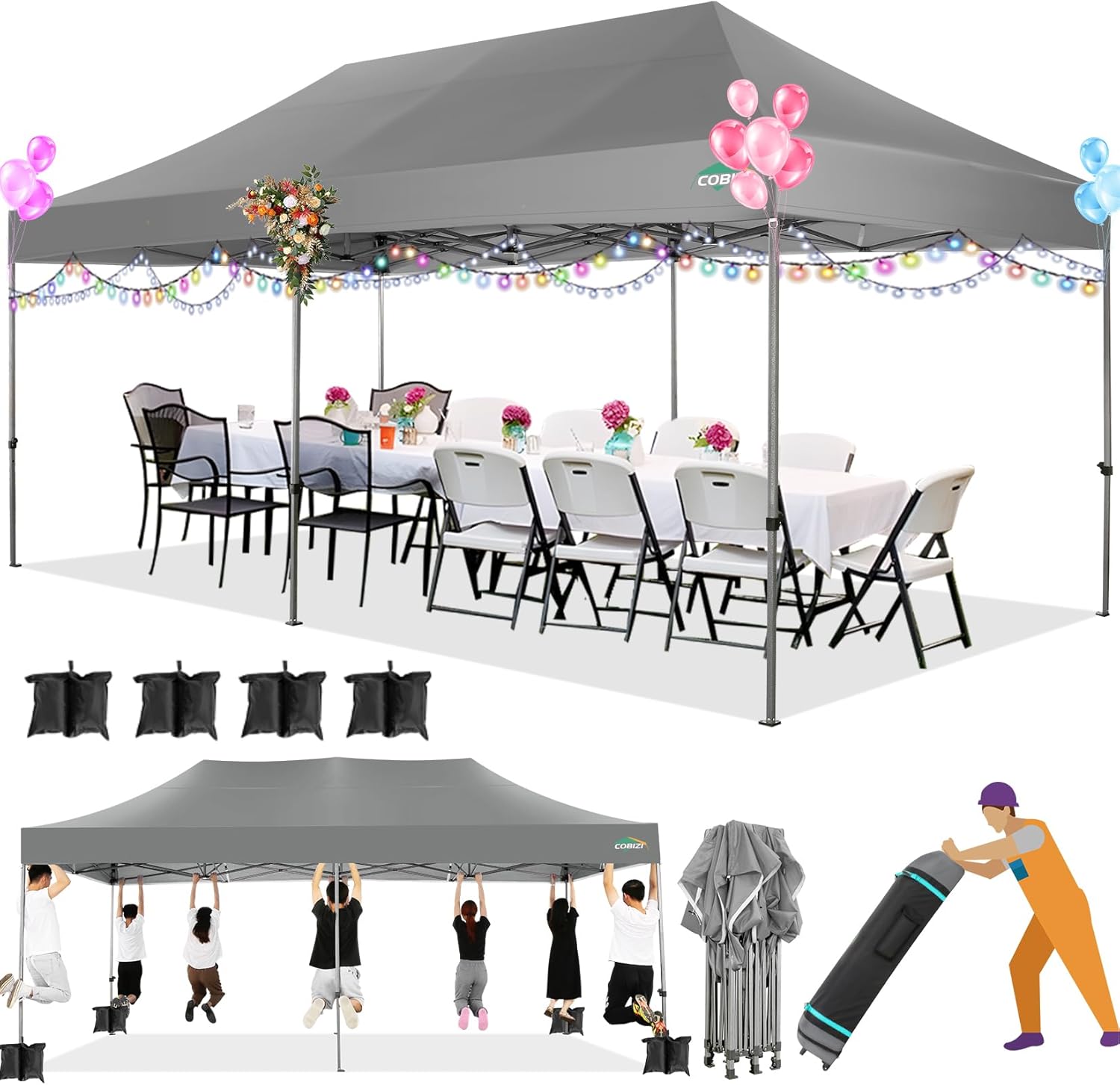 COBIZI - Toldo desplegable de 10 x 20 Pulgadas con 6 Paredes Laterales, toldo Impermeable para Eventos al Aire última intervensión, UPF 50+ cenador portátil para Fiestas, Playa, Camping, Boda,