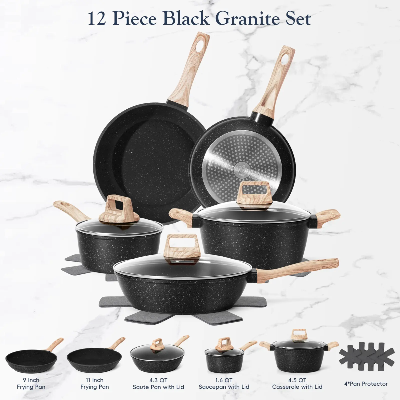 Juego de utensilios de cocina antiadherentes SODAY de 12 piezas con tapa, núcleo de aluminio, revestimiento de granito, compatible con inducción, fácil limpieza, cocina segura y saludable.