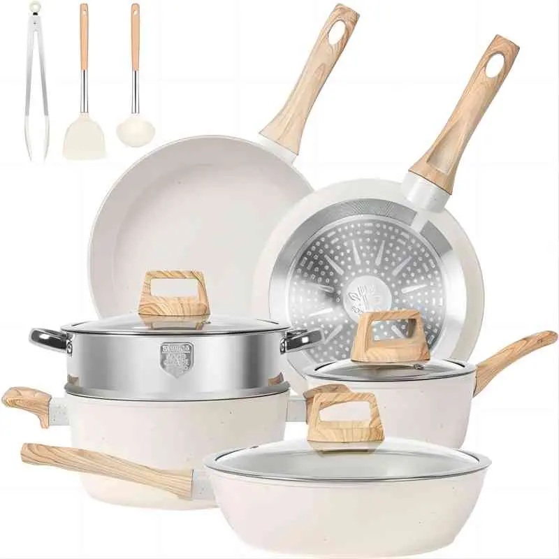 Juego de utensilios de cocina antiadherentes SODAY de 12 piezas con tapa, núcleo de aluminio, revestimiento de granito, compatible con inducción, fácil limpieza, cocina segura y saludable.
