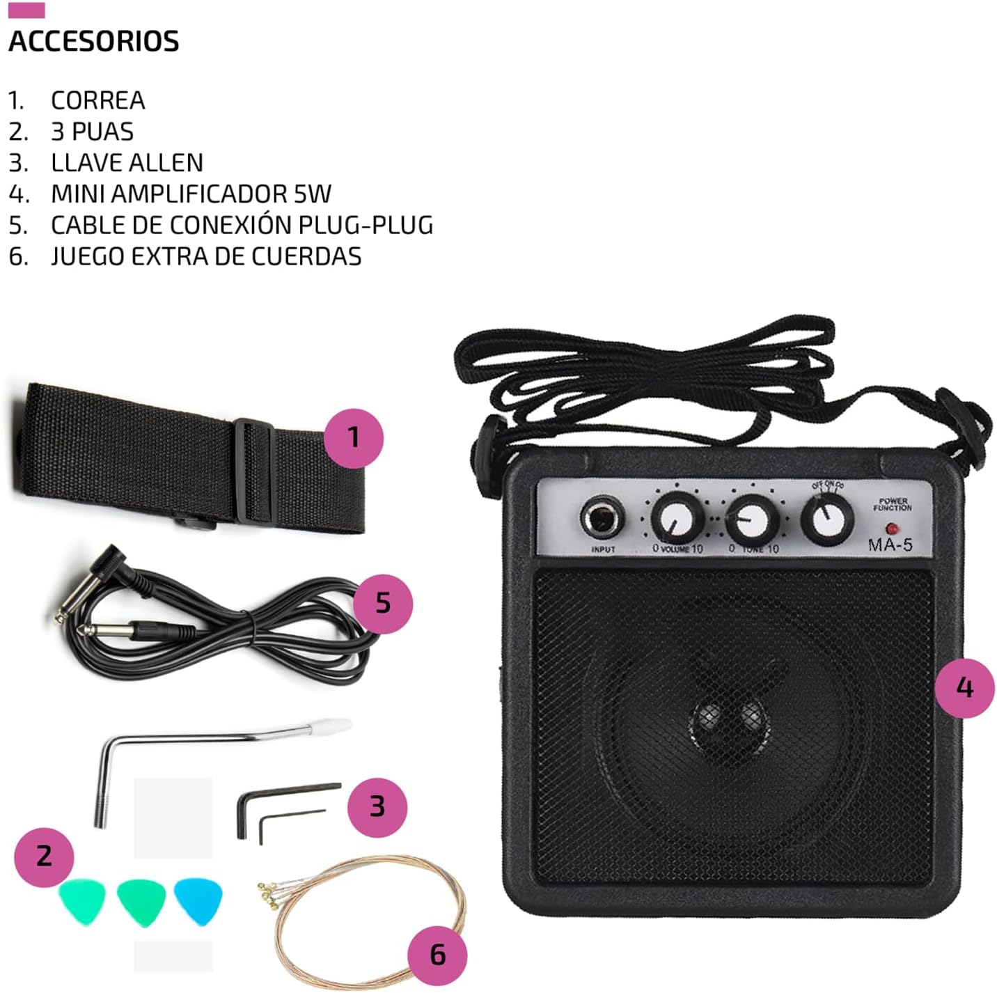 FEMMTO Guitarra Eléctrica con Amplificador 5w + Bolso + Puas (Blanco)