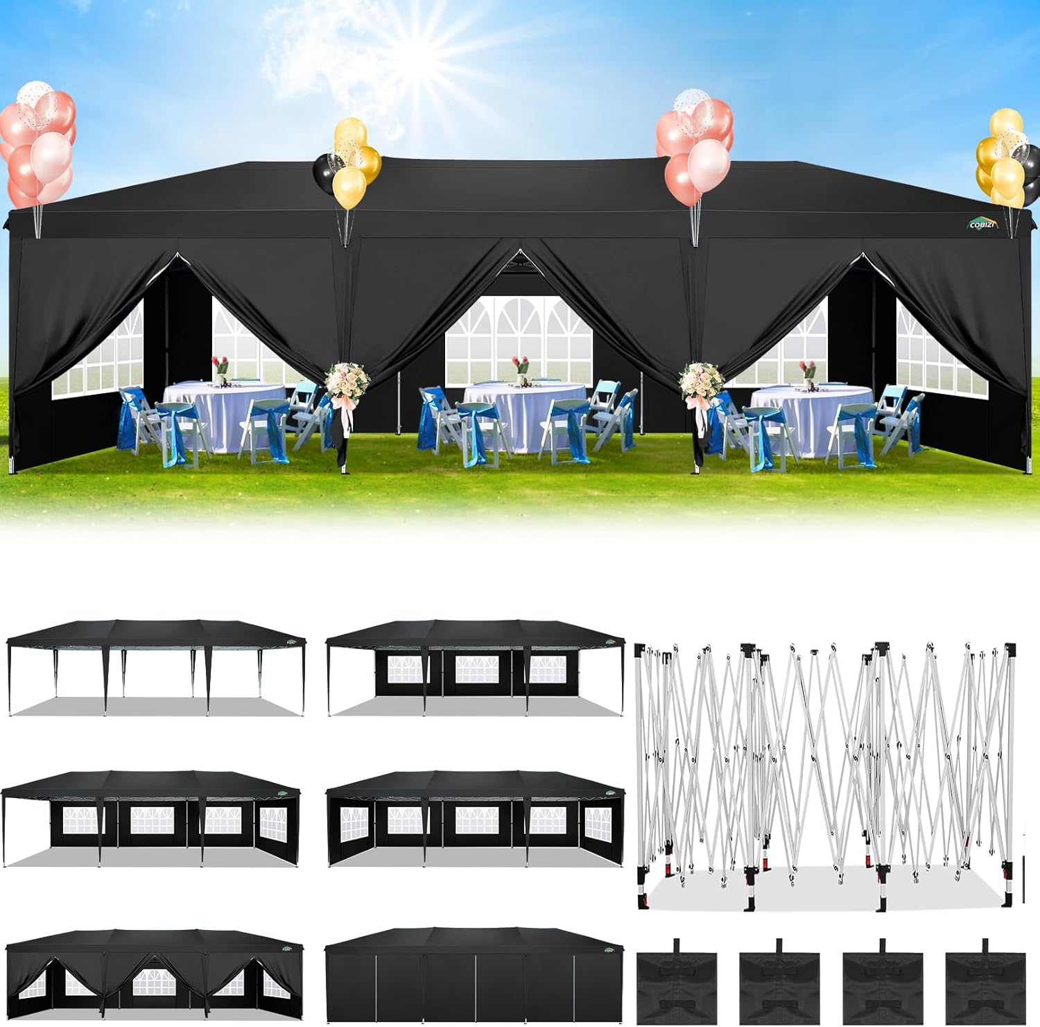 COBIZI - Toldo desplegable de 10 x 20 Pulgadas con 6 Paredes Laterales, toldo Impermeable para Eventos al Aire última intervensión, UPF 50+ cenador portátil para Fiestas, Playa, Camping, Boda,