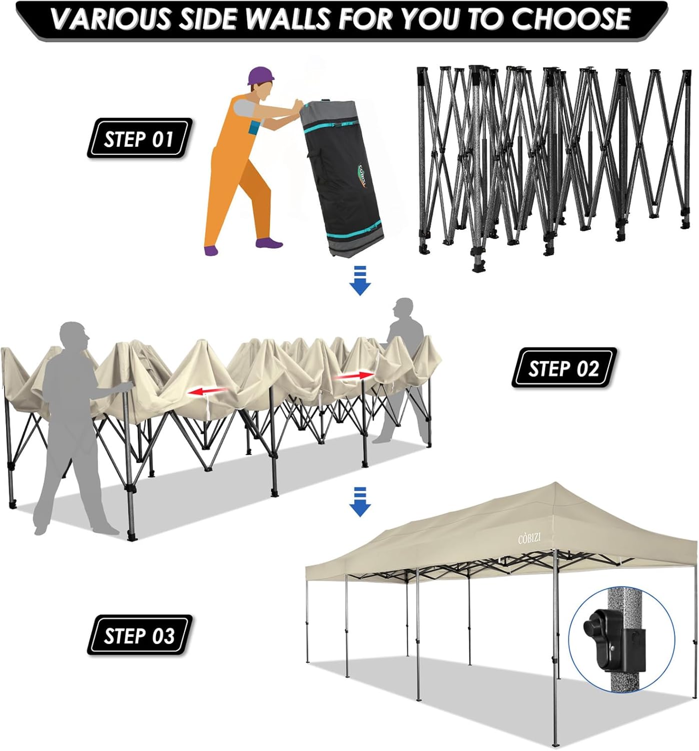 COBIZI - Toldo desplegable de 10 x 20 Pulgadas con 6 Paredes Laterales, toldo Impermeable para Eventos al Aire última intervensión, UPF 50+ cenador portátil para Fiestas, Playa, Camping, Boda,