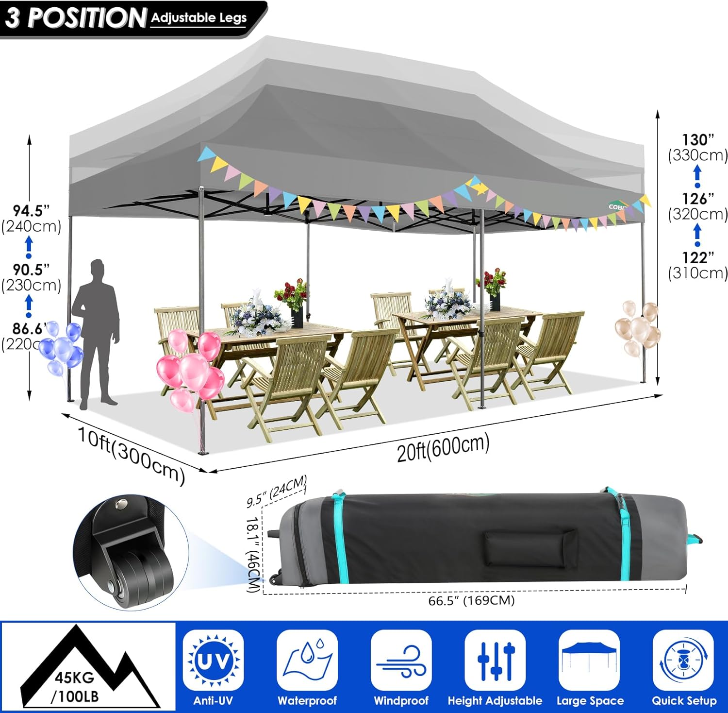 COBIZI - Toldo desplegable de 10 x 20 Pulgadas con 6 Paredes Laterales, toldo Impermeable para Eventos al Aire última intervensión, UPF 50+ cenador portátil para Fiestas, Playa, Camping, Boda,