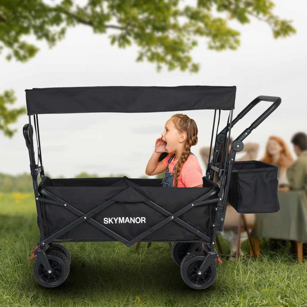 SKYMANOR Carro de jardín plegable 3 en 1 con toldo para niños y carga, carriola plegable EZ ruedas todo terreno, 300 libras, 2 portavasos para cinturón de seguridad, color negro, SKYDPBB