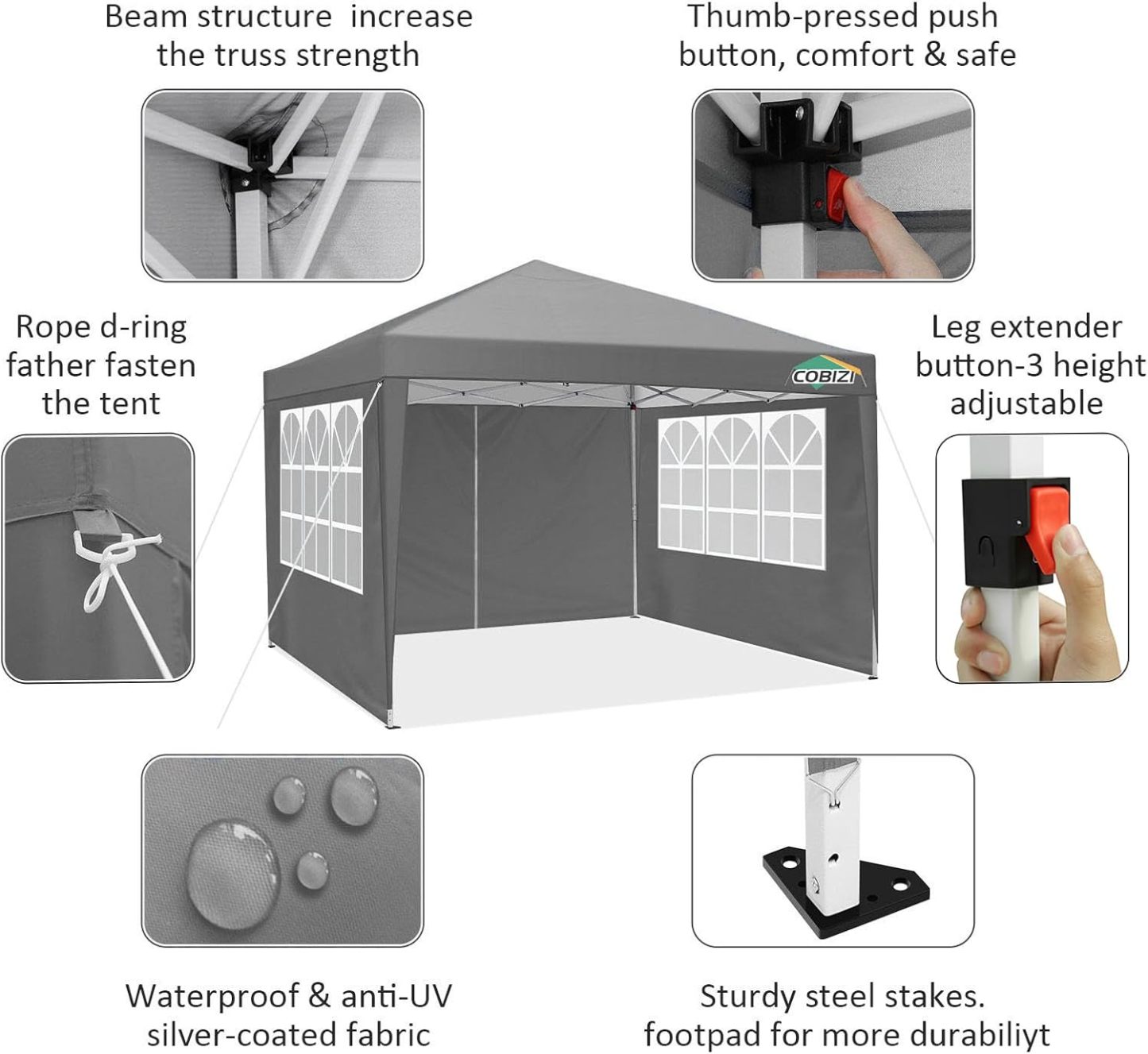 COBIZI - Toldo desplegable de 10 x 20 Pulgadas con 6 Paredes Laterales, toldo Impermeable para Eventos al Aire última intervensión, UPF 50+ cenador portátil para Fiestas, Playa, Camping, Boda,