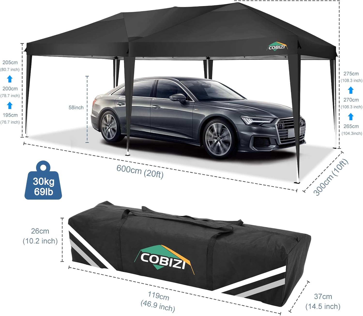COBIZI - Toldo desplegable de 10 x 20 Pulgadas con 6 Paredes Laterales, toldo Impermeable para Eventos al Aire última intervensión, UPF 50+ cenador portátil para Fiestas, Playa, Camping, Boda,