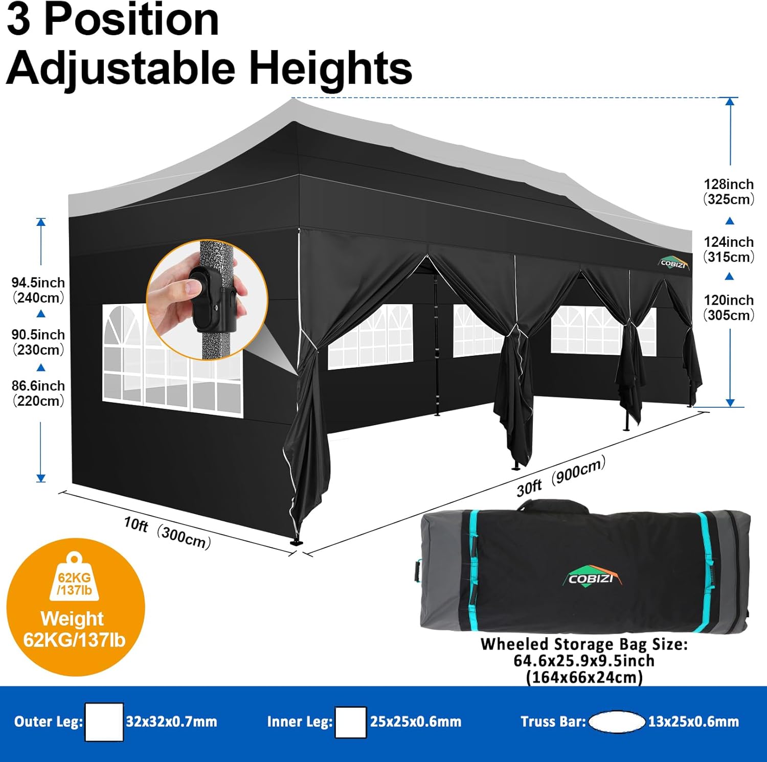 COBIZI - Toldo desplegable de 10 x 20 Pulgadas con 6 Paredes Laterales, toldo Impermeable para Eventos al Aire última intervensión, UPF 50+ cenador portátil para Fiestas, Playa, Camping, Boda,