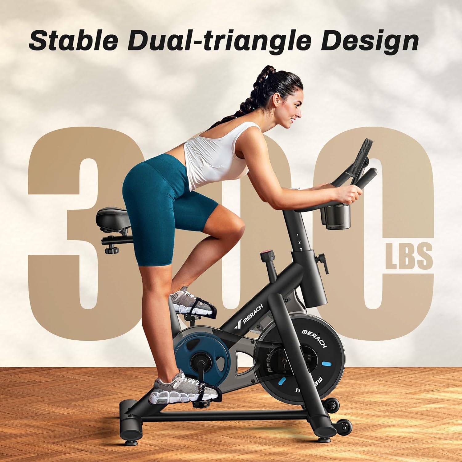 MERACH - Bicicleta de ejercicio, almohadilla de freno/bicicleta estática magnética con aplicación exclusiva, bicicleta de ciclismo interior de bajo ruido con capacidad de peso de 270 libras, estante