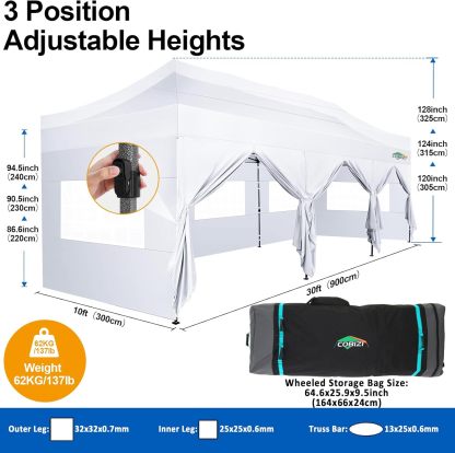 COBIZI - Toldo desplegable de 10 x 20 Pulgadas con 6 Paredes Laterales, toldo Impermeable para Eventos al Aire última intervensión, UPF 50+ cenador portátil para Fiestas, Playa, Camping, Boda,