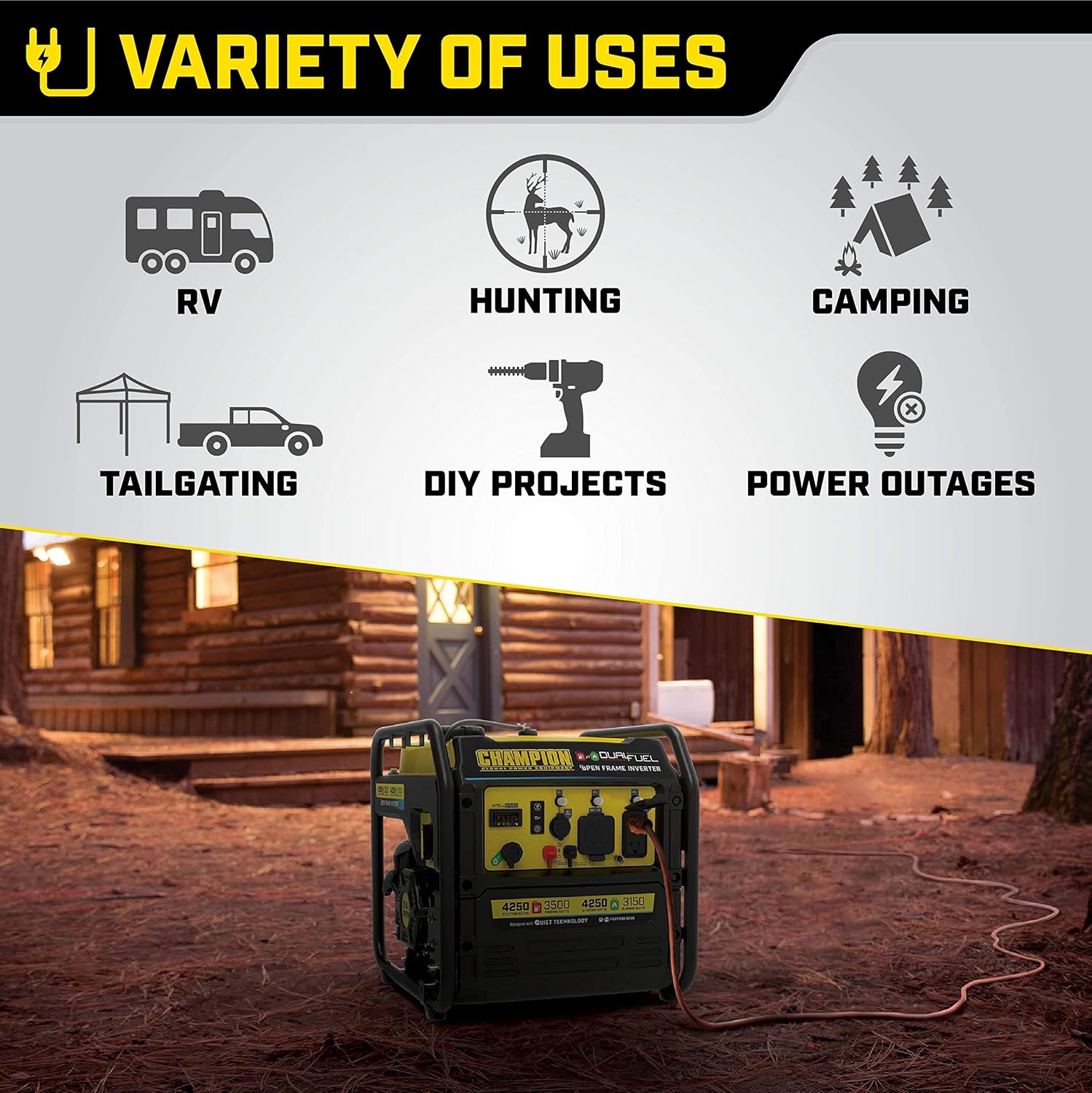 Champion Power Equipment 4250 W Dual Fuel RV Ready Portable Open Frame Inverter Generador con tecnología silenciosa