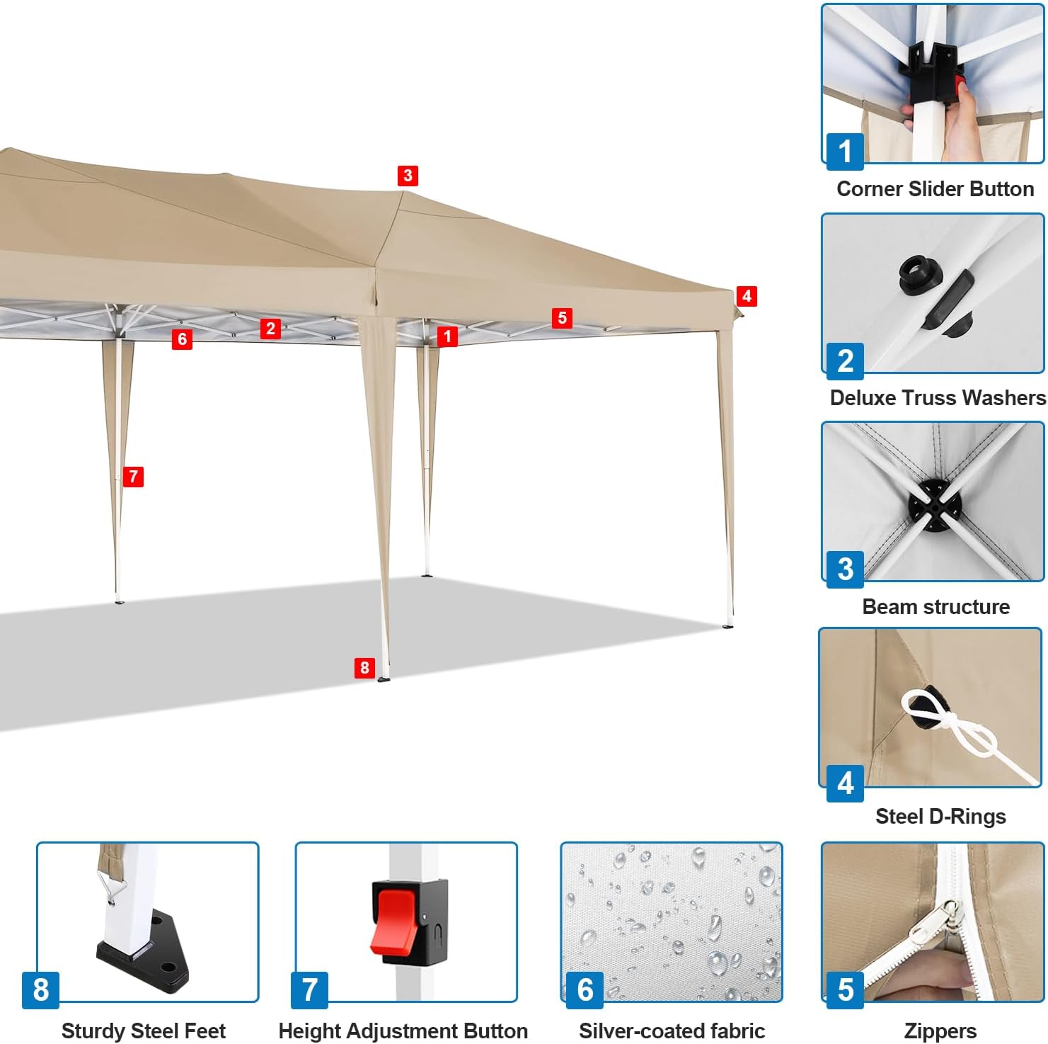 COBIZI - Toldo desplegable de 10 x 20 Pulgadas con 6 Paredes Laterales, toldo Impermeable para Eventos al Aire última intervensión, UPF 50+ cenador portátil para Fiestas, Playa, Camping, Boda,