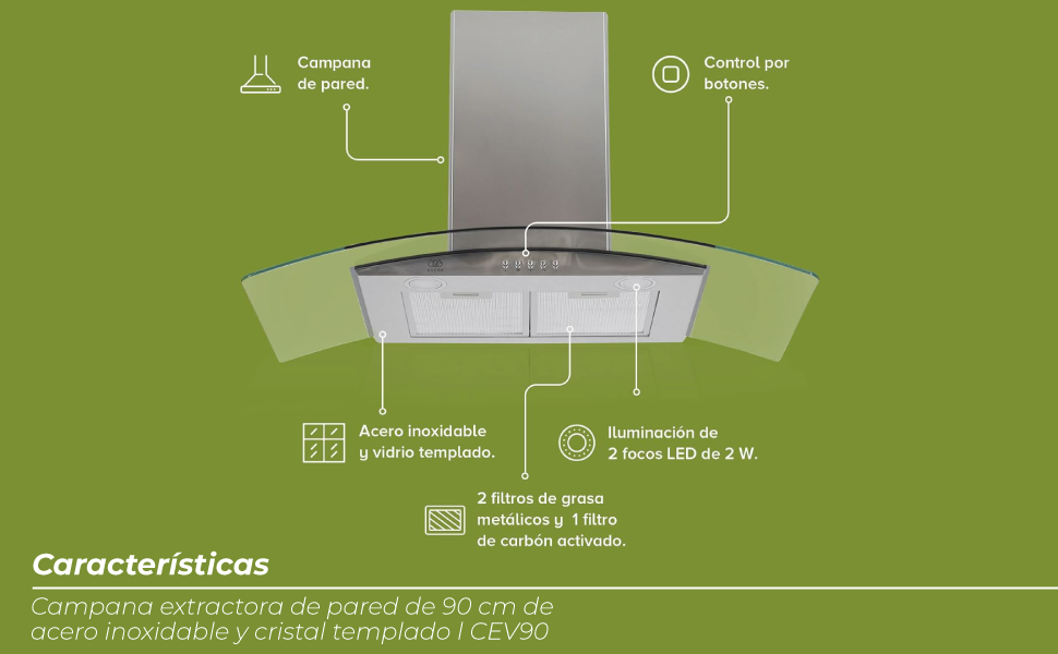 AVERA Campana de Cocina 90cm para PARED, Acero Inoxidable