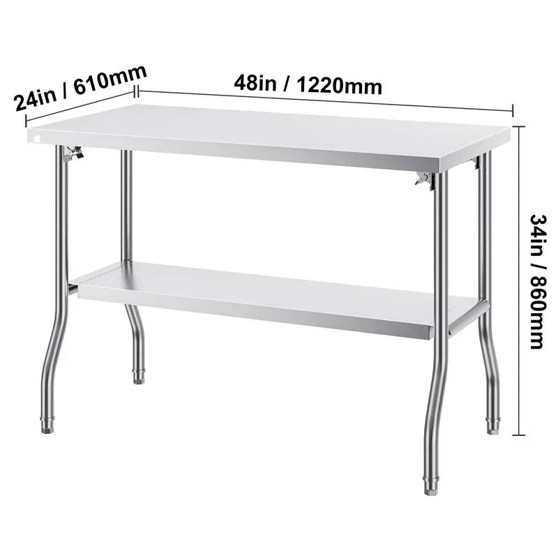 Mesa de preparación comercial plegable, estación de trabajo comercial de 48 x 24 pulgadas con estante inferior, mesa plegable de acero inoxidable resistente con carga de 300 libras.