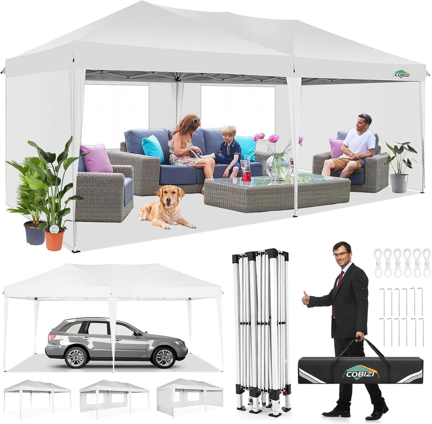 COBIZI - Toldo desplegable de 10 x 20 Pulgadas con 6 Paredes Laterales, toldo Impermeable para Eventos al Aire última intervensión, UPF 50+ cenador portátil para Fiestas, Playa, Camping, Boda,