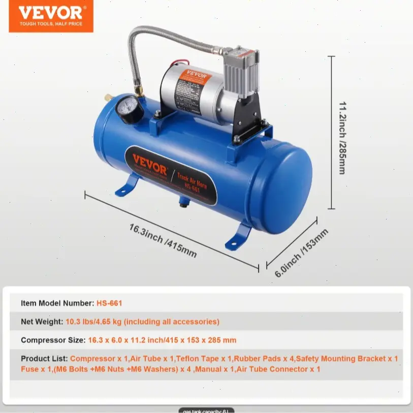 Kit de bocinas de tren VEVOR: varias especificaciones, kit de bocina de aire de 4 trompetas, bocinas de tren de 150 dB para camionetas, compresor de aire de 12 V y 120 psi, tanque con manómetro para cualquier vehículo de 12 V (automóvil, cami