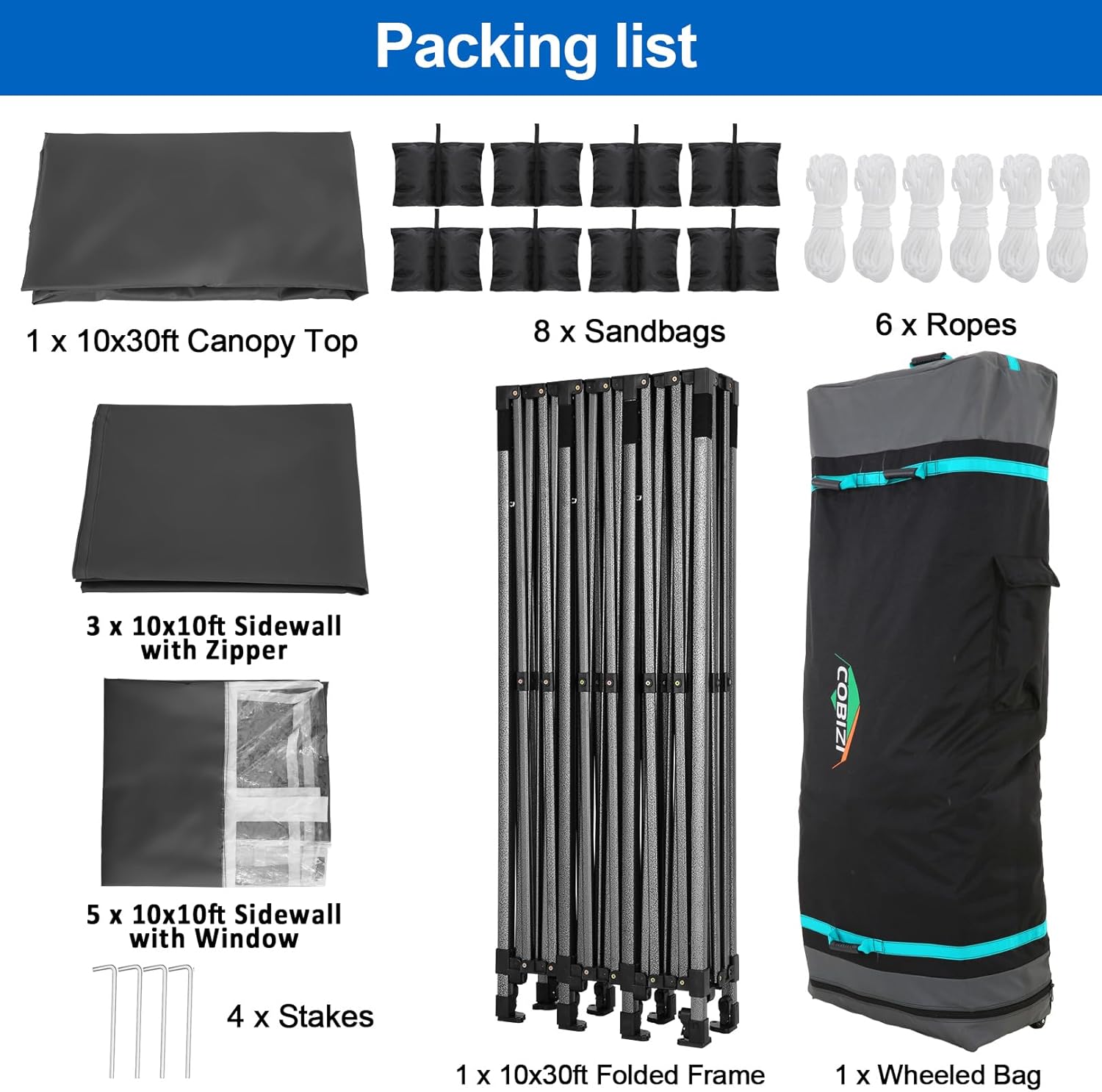 COBIZI - Toldo desplegable de 10 x 20 Pulgadas con 6 Paredes Laterales, toldo Impermeable para Eventos al Aire última intervensión, UPF 50+ cenador portátil para Fiestas, Playa, Camping, Boda,