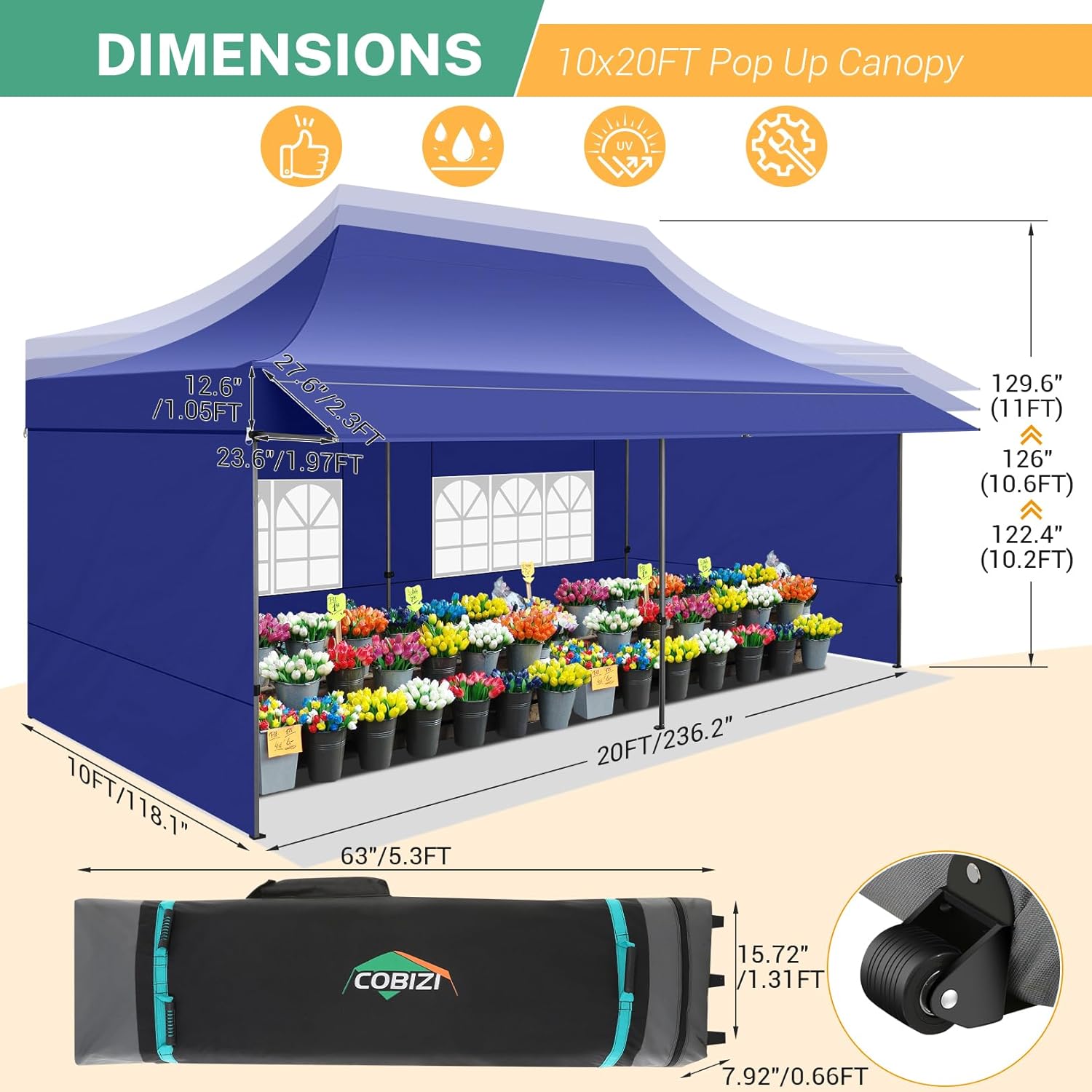 COBIZI - Toldo desplegable de 10 x 20 Pulgadas con 6 Paredes Laterales, toldo Impermeable para Eventos al Aire última intervensión, UPF 50+ cenador portátil para Fiestas, Playa, Camping, Boda,