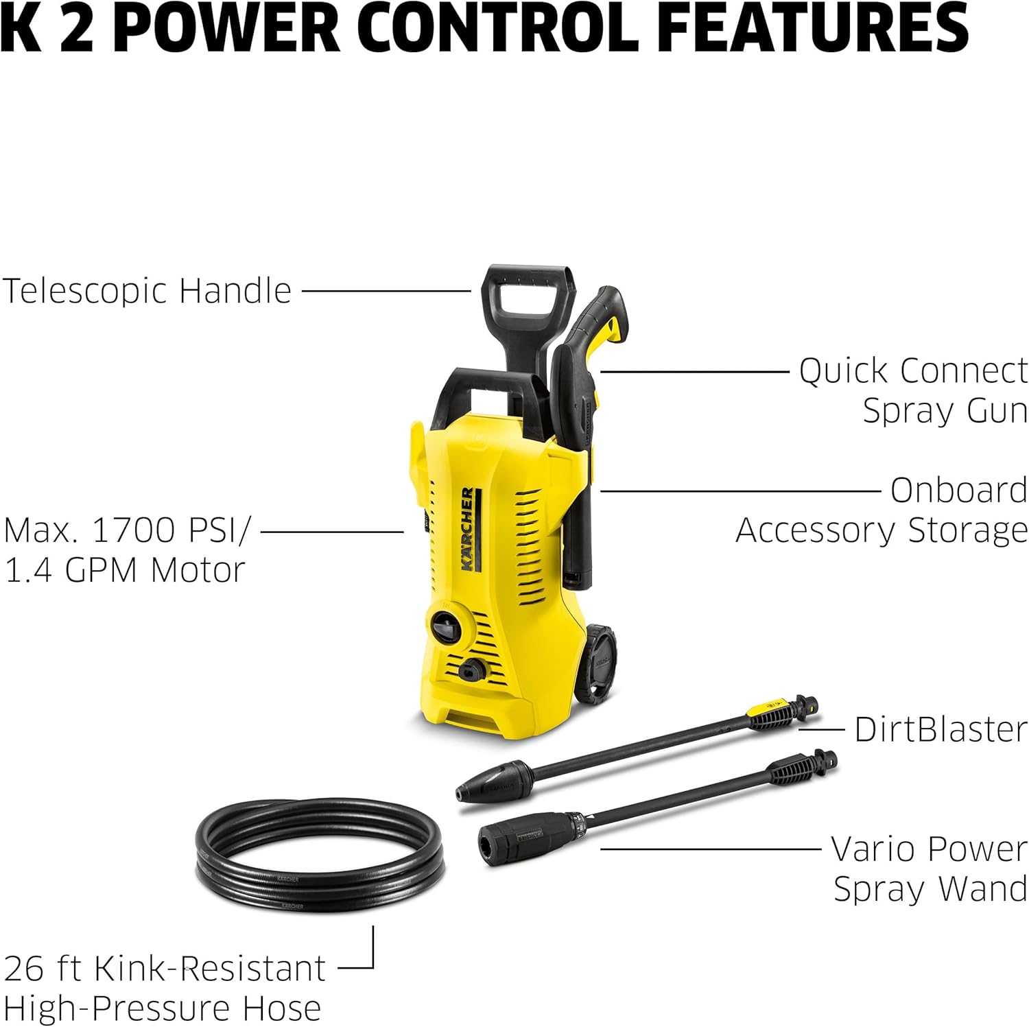 Kärcher K 2 Power Control MAX 2000 PSI Lavadora a presión eléctrica con 2 Varillas de pulverización y Manguera de 26 pies, 1.45 GPM