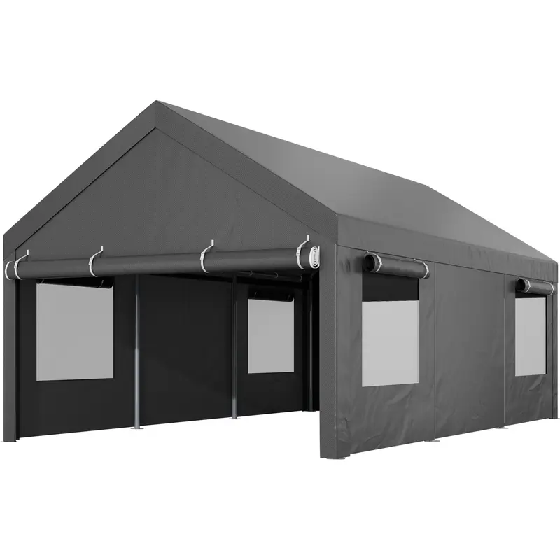Walsunny Carport 12x20 pies – Marquesina exterior para vehículos y garaje portátil de uso rudo. Carpa cobertizo resistente con ventanas enrollables y ventiladas, y paredes laterales desmontables. Refugio de almacenamiento ideal para vehículos y eventos; p