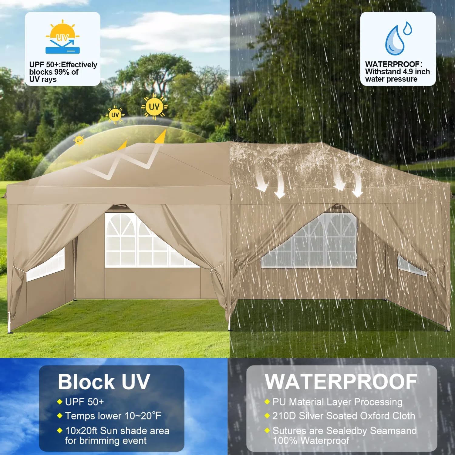 COBIZI - Toldo desplegable de 10 x 20 Pulgadas con 6 Paredes Laterales, toldo Impermeable para Eventos al Aire última intervensión, UPF 50+ cenador portátil para Fiestas, Playa, Camping, Boda,
