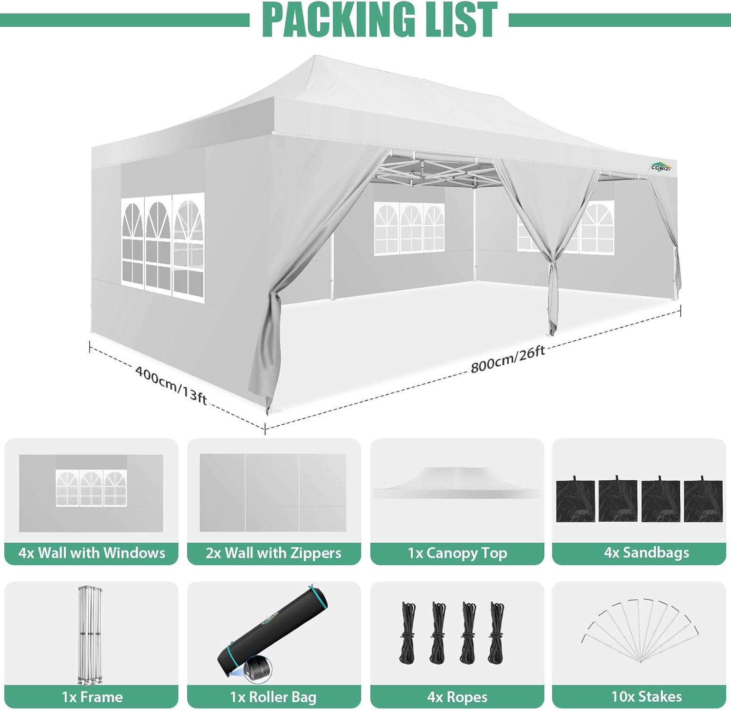 COBIZI - Toldo desplegable de 10 x 20 Pulgadas con 6 Paredes Laterales, toldo Impermeable para Eventos al Aire última intervensión, UPF 50+ cenador portátil para Fiestas, Playa, Camping, Boda,
