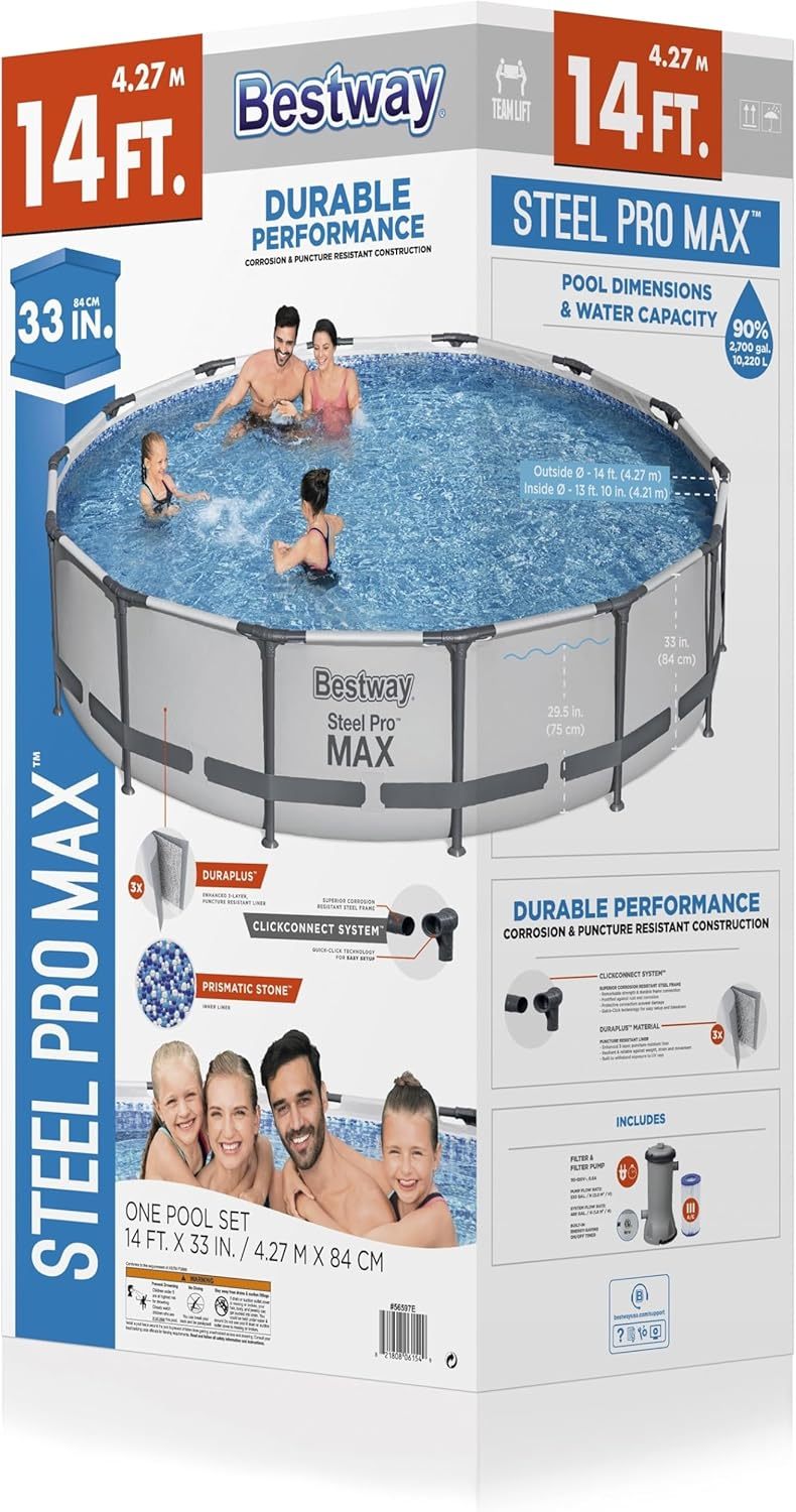 Bestway Steel Pro MAX - Juego de piscina redonda sobre el piso de 14 x 33 pulgadas, incluye bomba de filtro de 530 galones