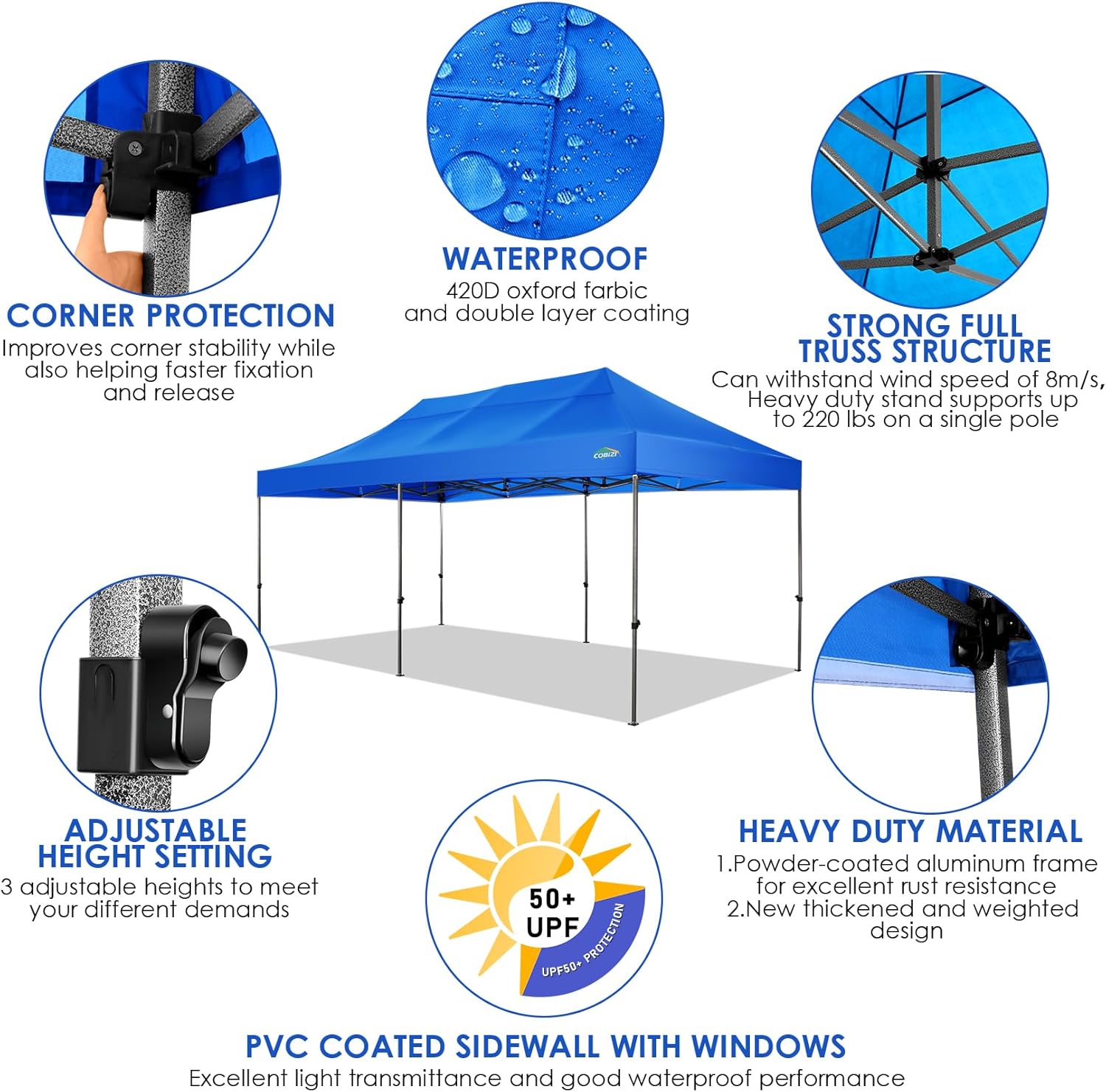 COBIZI - Toldo desplegable de 10 x 20 Pulgadas con 6 Paredes Laterales, toldo Impermeable para Eventos al Aire última intervensión, UPF 50+ cenador portátil para Fiestas, Playa, Camping, Boda,