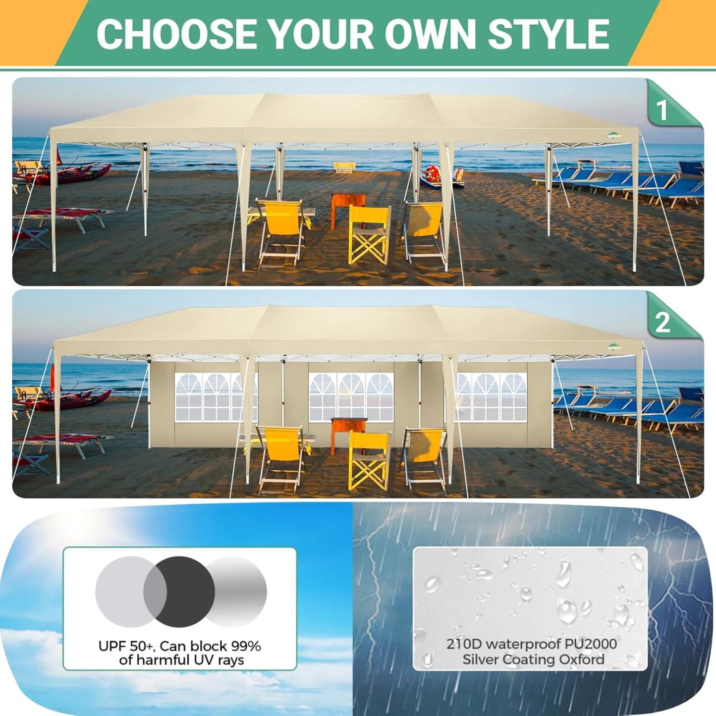 COBIZI - Toldo desplegable de 10 x 20 Pulgadas con 6 Paredes Laterales, toldo Impermeable para Eventos al Aire última intervensión, UPF 50+ cenador portátil para Fiestas, Playa, Camping, Boda,